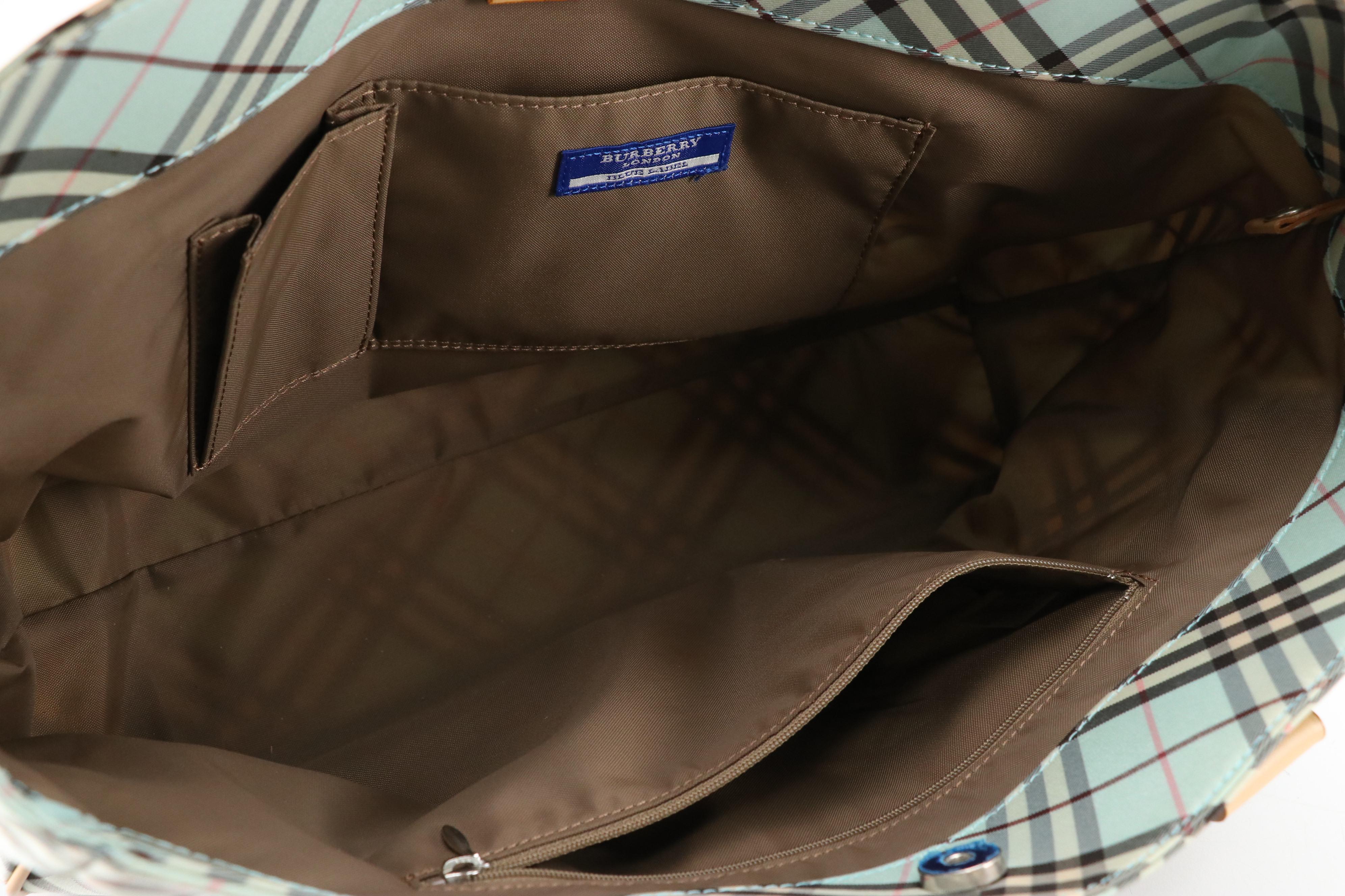 Burberry Blue Label Tote in Blue Nova Check Nylon Canvas and Beige Leather Trim