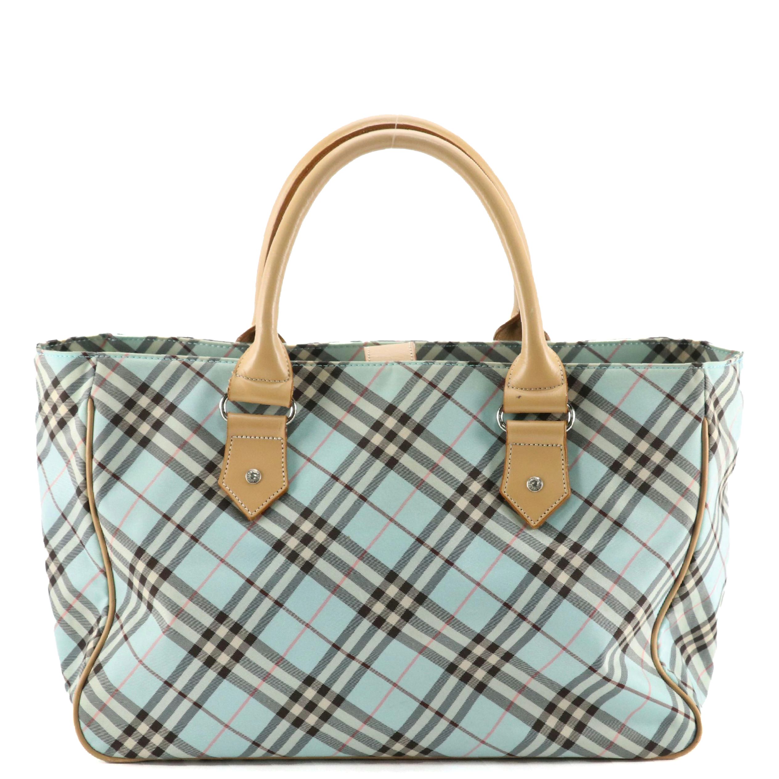 Burberry Blue Label Tote in Blue Nova Check Nylon Canvas and Beige Leather Trim