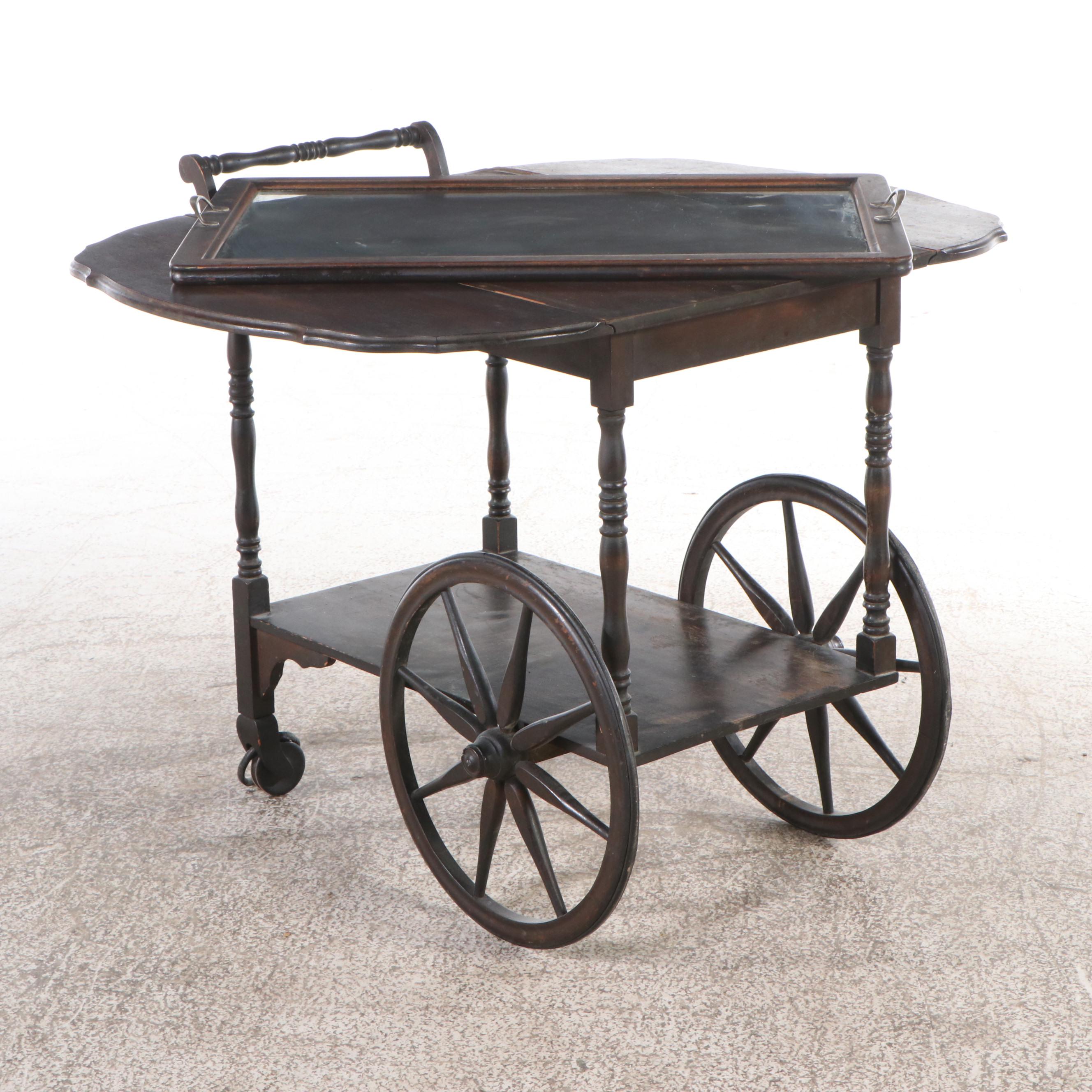 Antique Mahogany Drop Leaf Tea Cart with Glass Tray Top, Early 20th Century