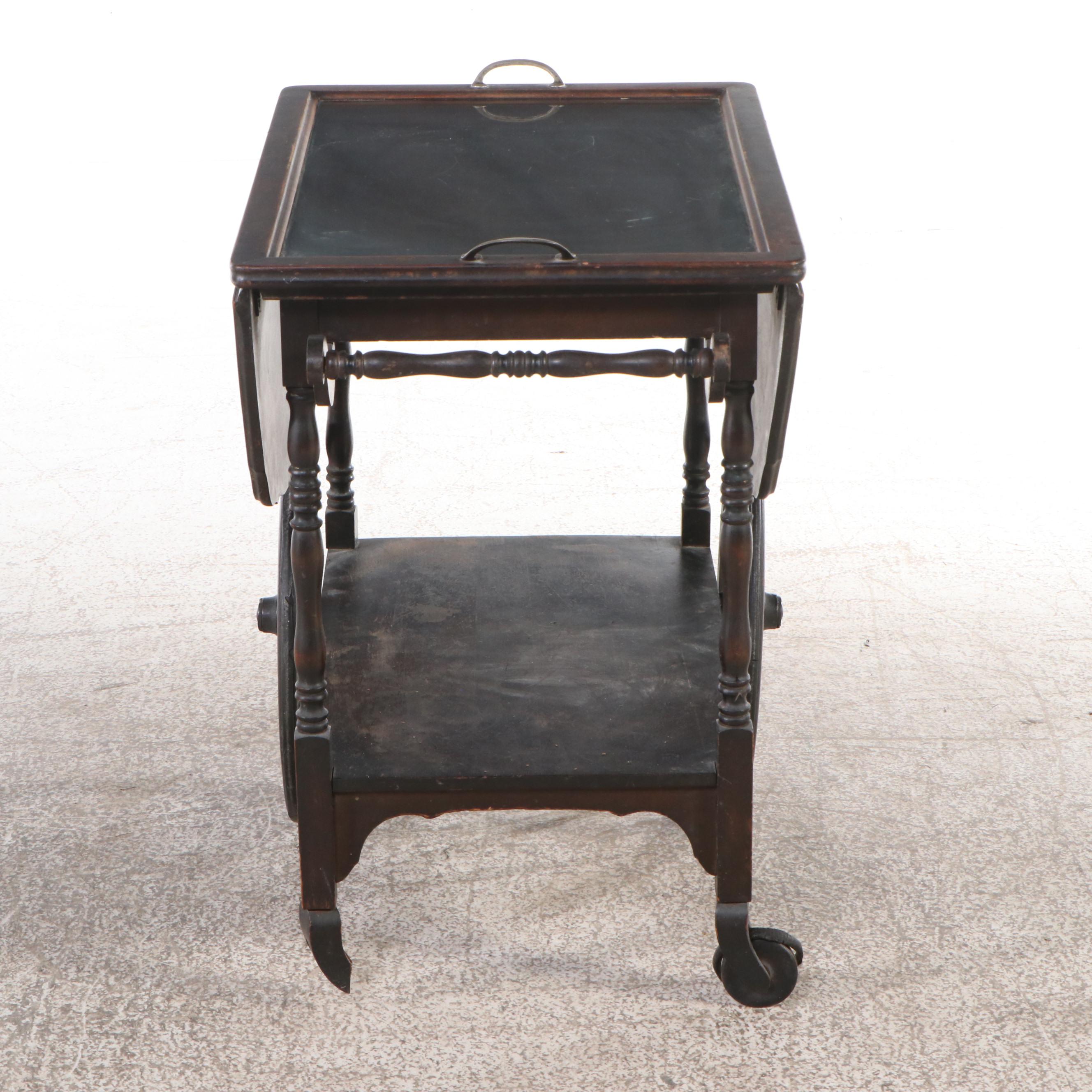 Antique Mahogany Drop Leaf Tea Cart with Glass Tray Top, Early 20th Century