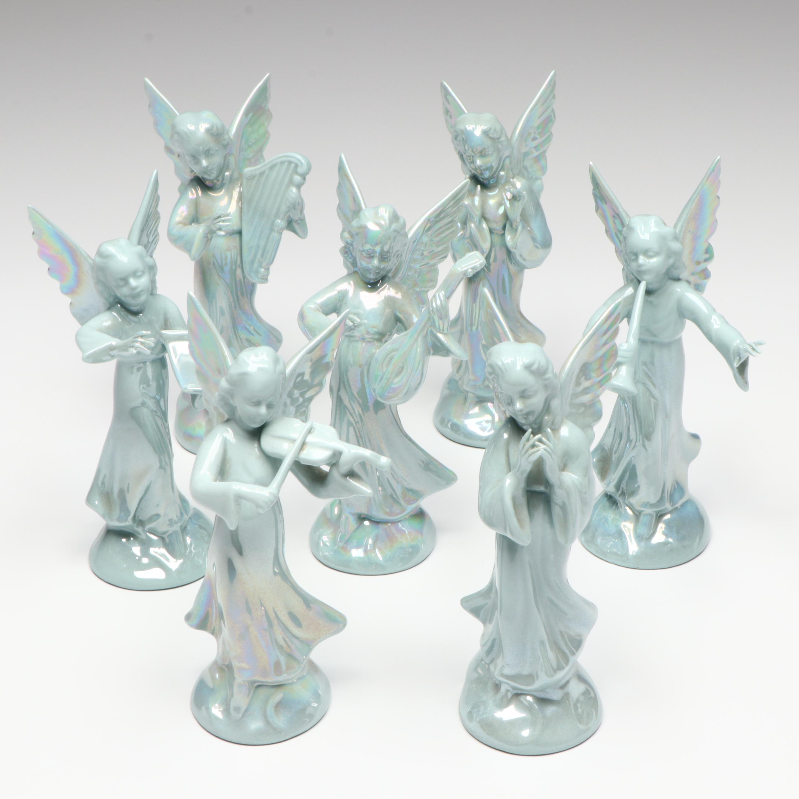 Dresden Germany Porcelain Musician Angel Figurines with Iridescent Glaze