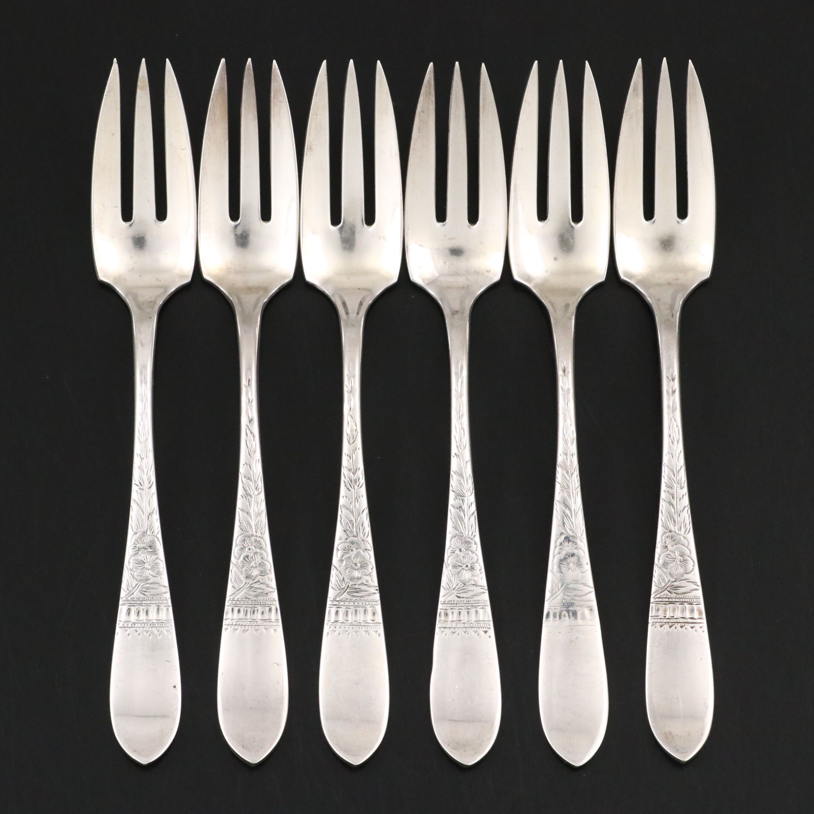 Victorian Bright Cut Floral Handle Sterling Silver Dessert Forks