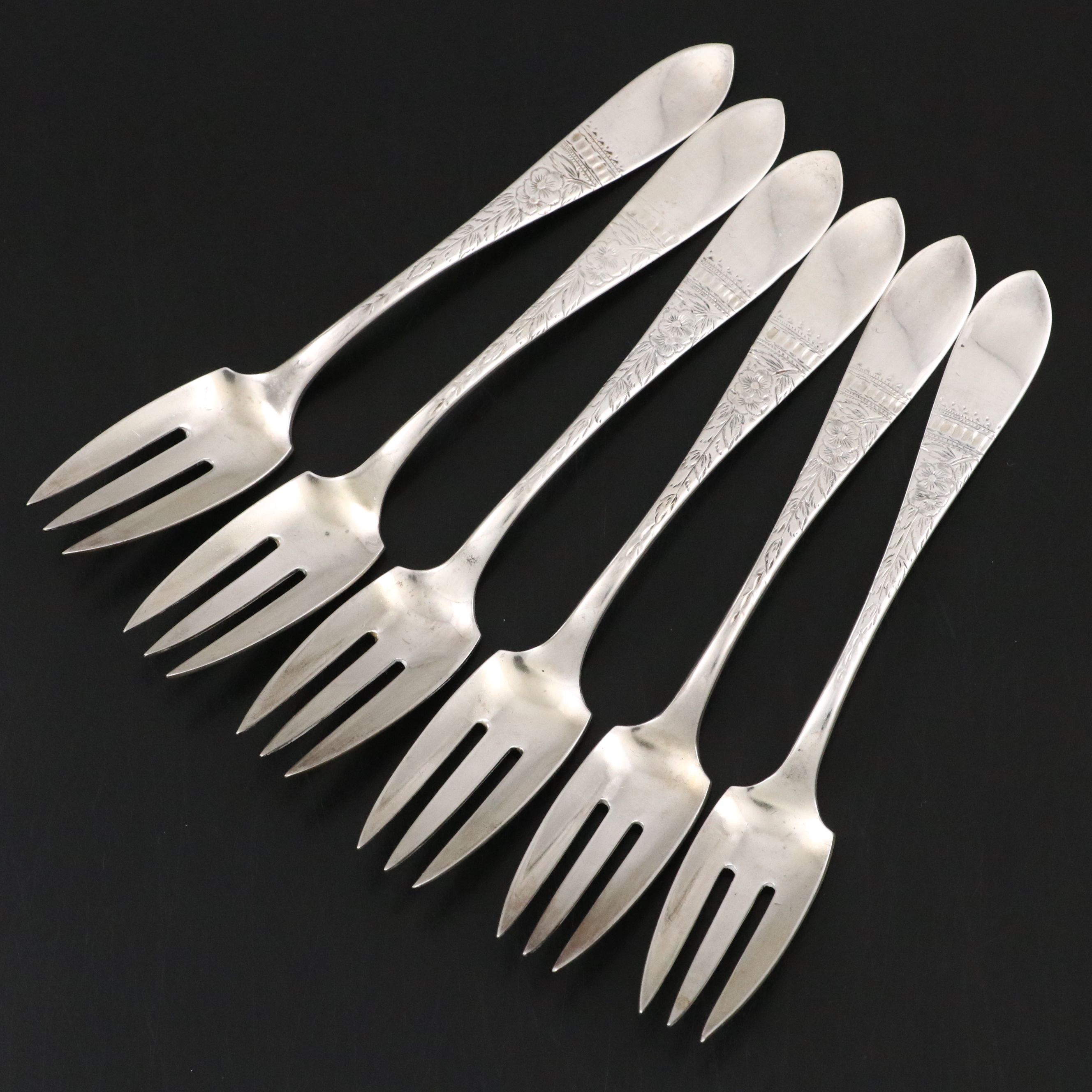 Victorian Bright Cut Floral Handle Sterling Silver Dessert Forks