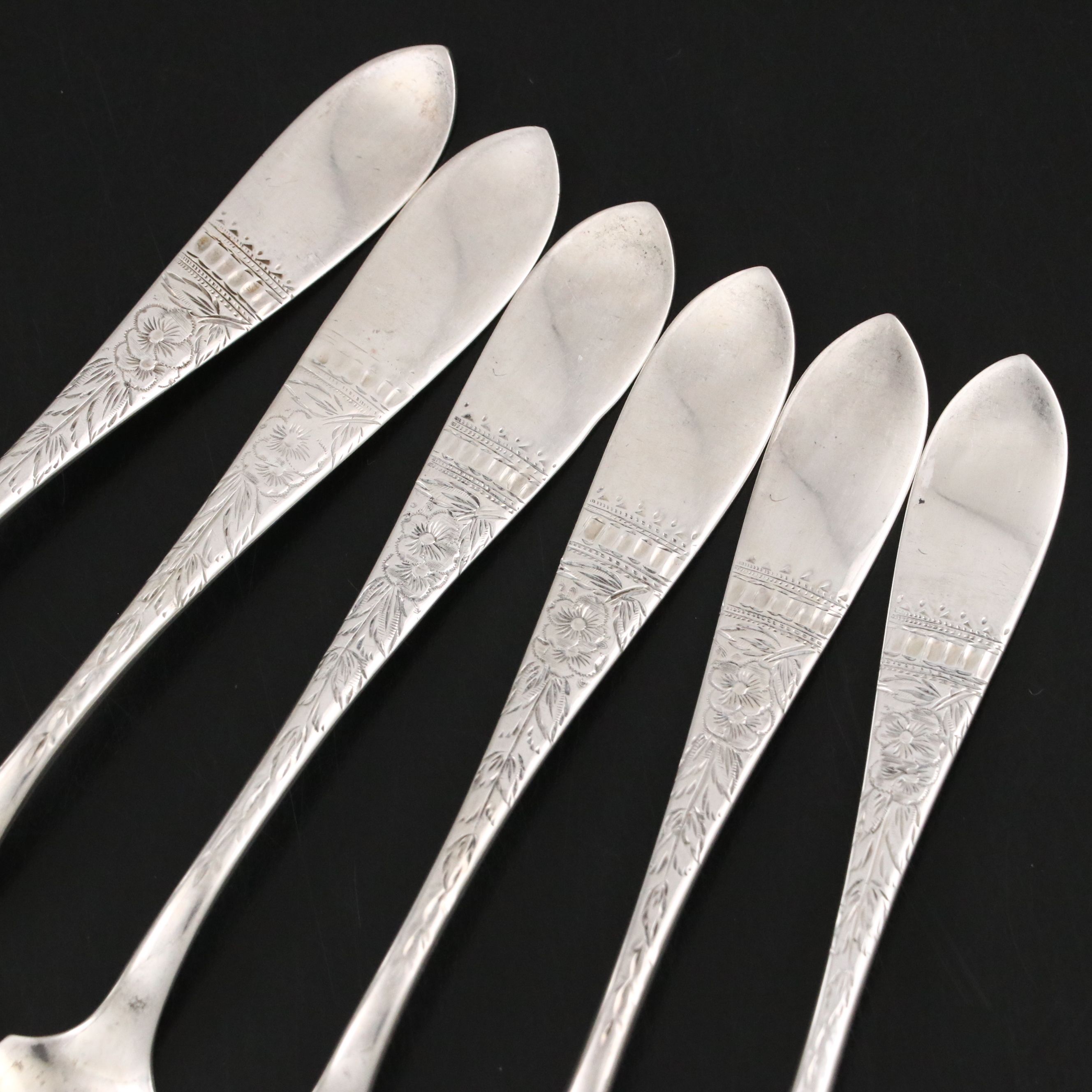 Victorian Bright Cut Floral Handle Sterling Silver Dessert Forks