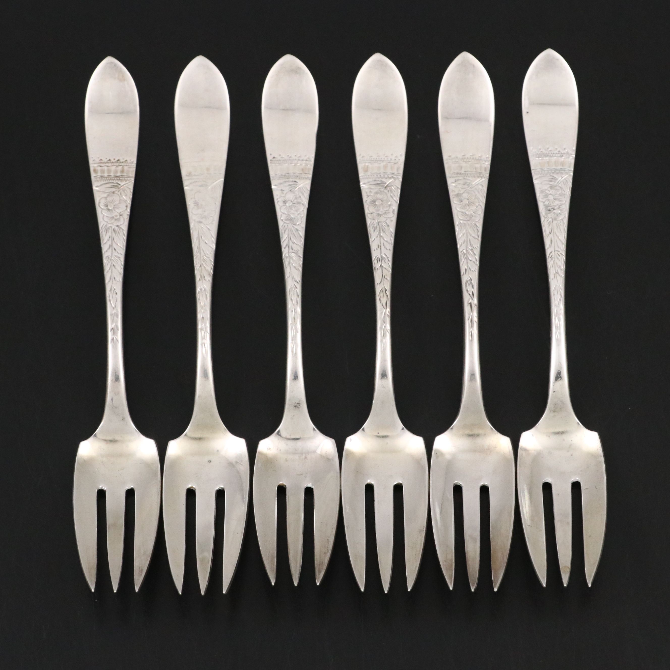 Victorian Bright Cut Floral Handle Sterling Silver Dessert Forks