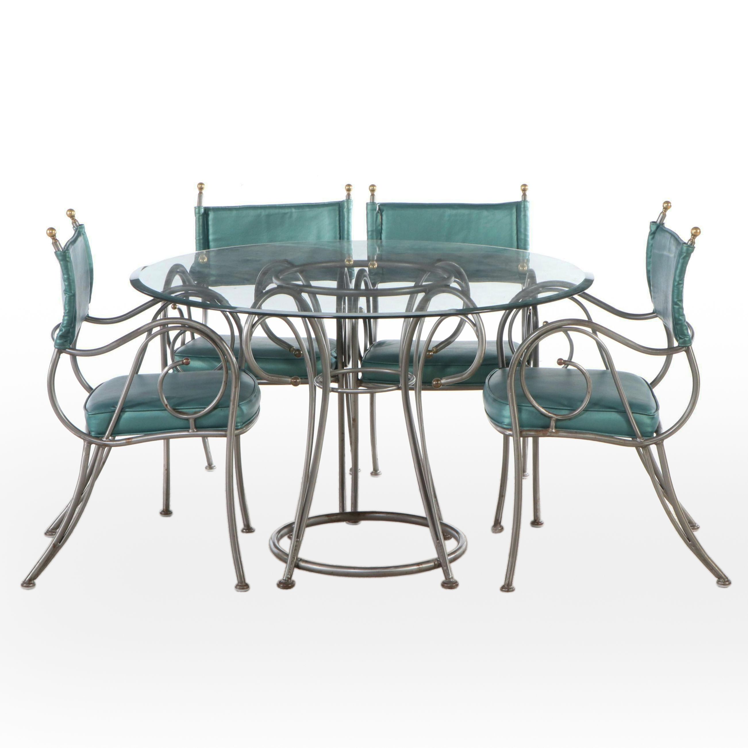 Five-Piece Pearl Vinyl Upholstered Scrollwork Steel and Gold Tip Dining Set