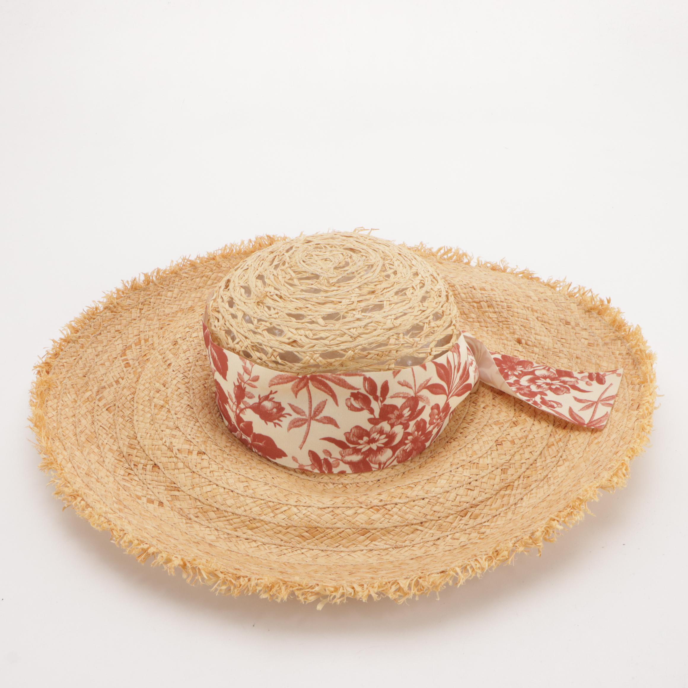 Gucci Woven Raffia and Floral Wide Brim Sun Hat