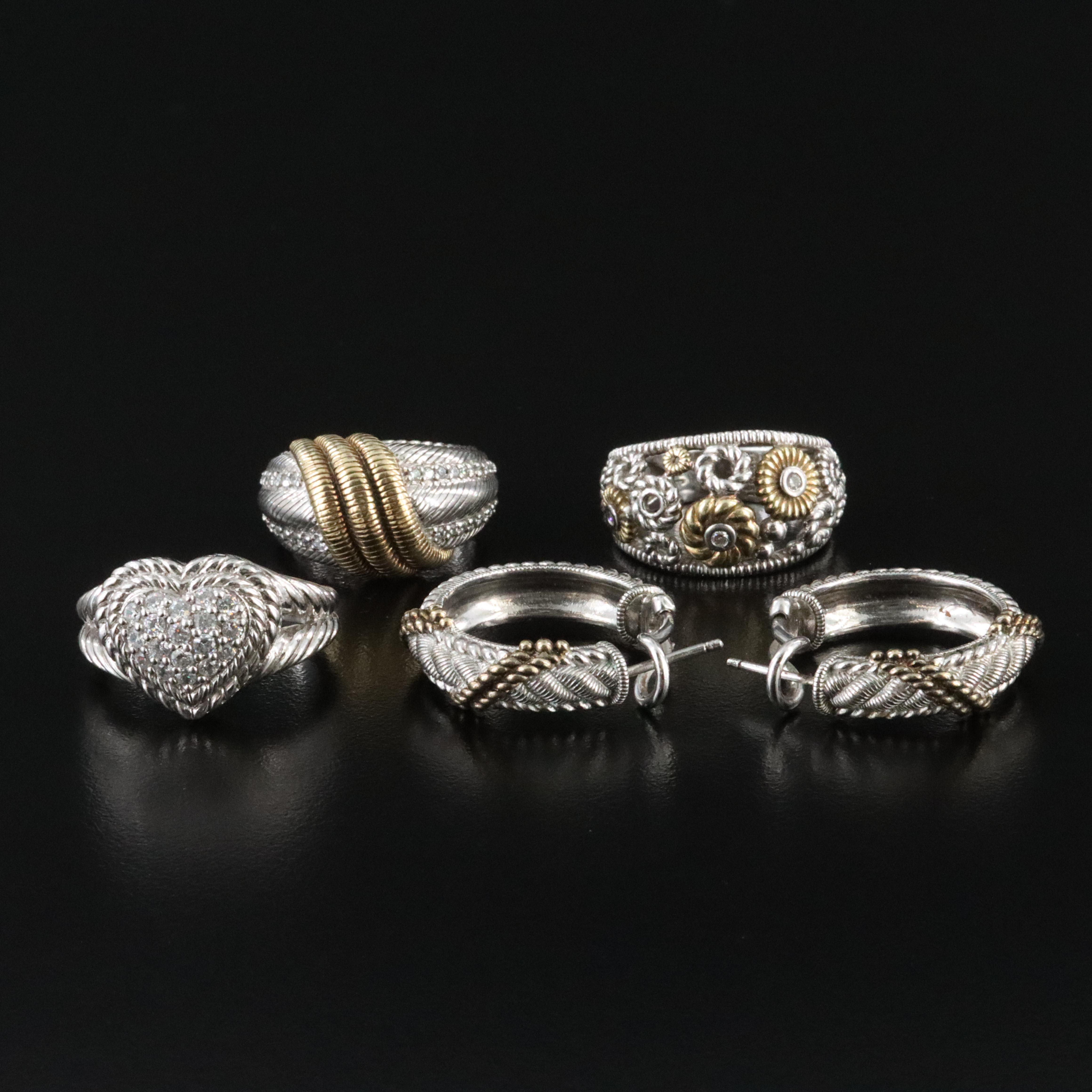 Judith Ripka Sterling CZ and Diamond Ring and Earrings with 18K Accents