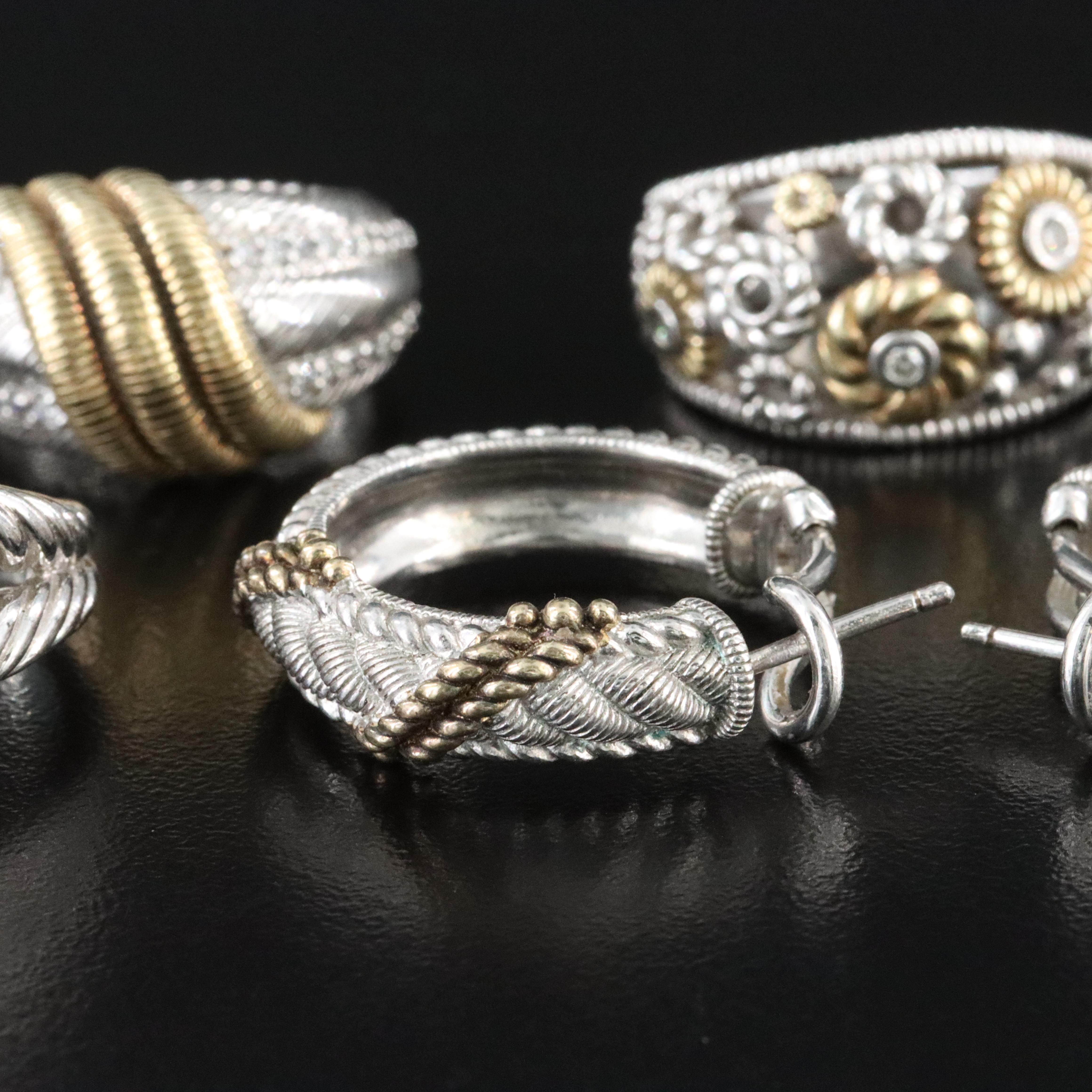 Judith Ripka Sterling CZ and Diamond Ring and Earrings with 18K Accents