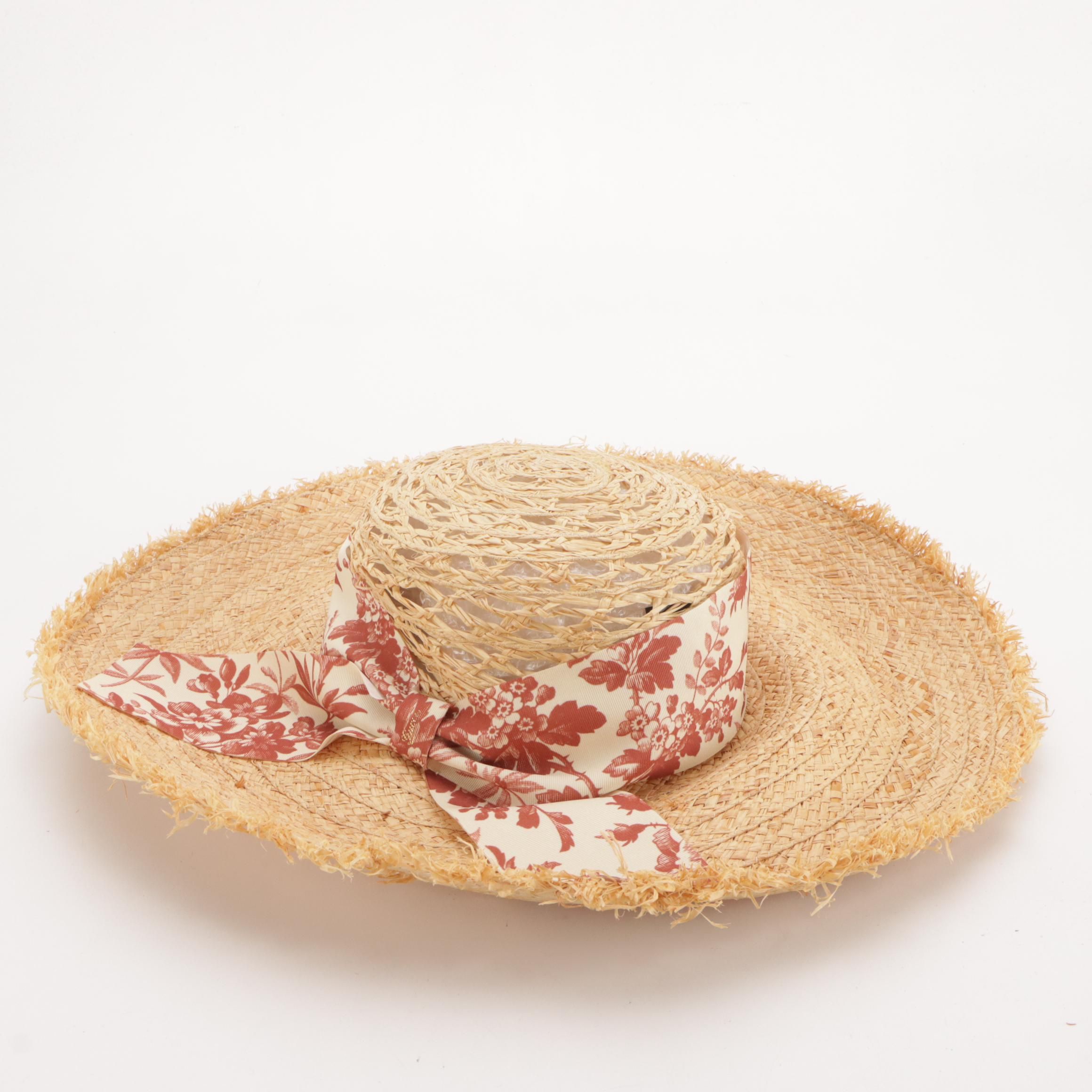 Gucci Woven Raffia and Floral Wide Brim Sun Hat