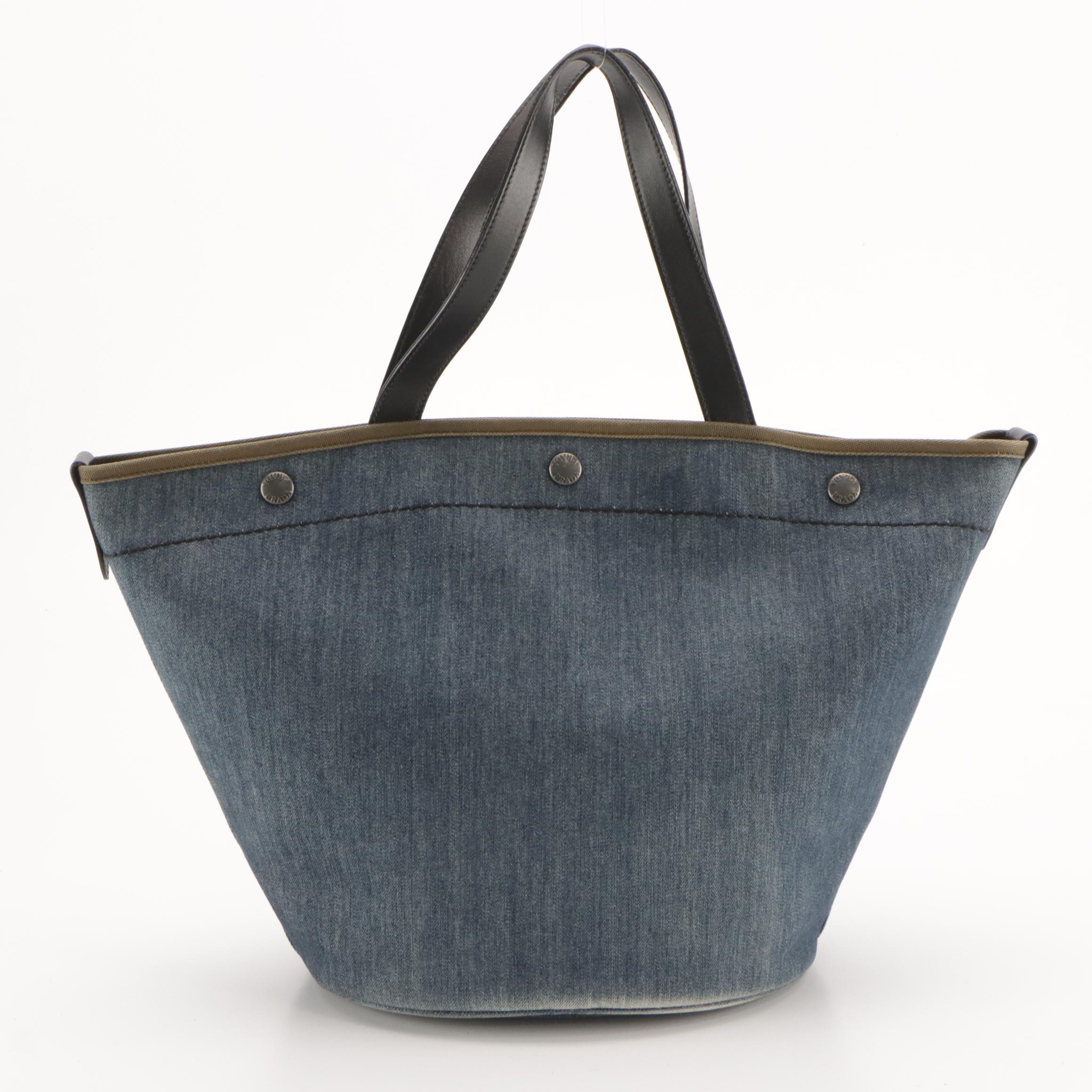 Prada Denim Tote with Olive Green Canvas Trim and Black Leather Straps