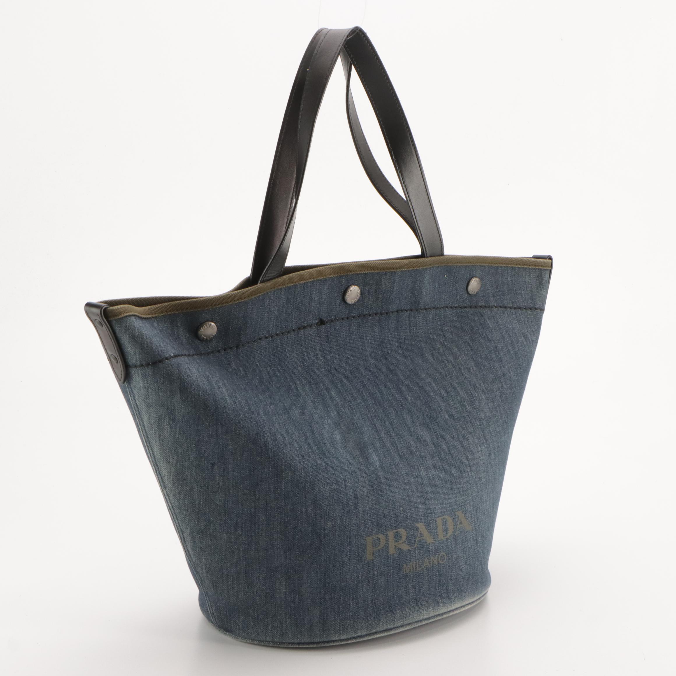 Prada Denim Tote with Olive Green Canvas Trim and Black Leather Straps