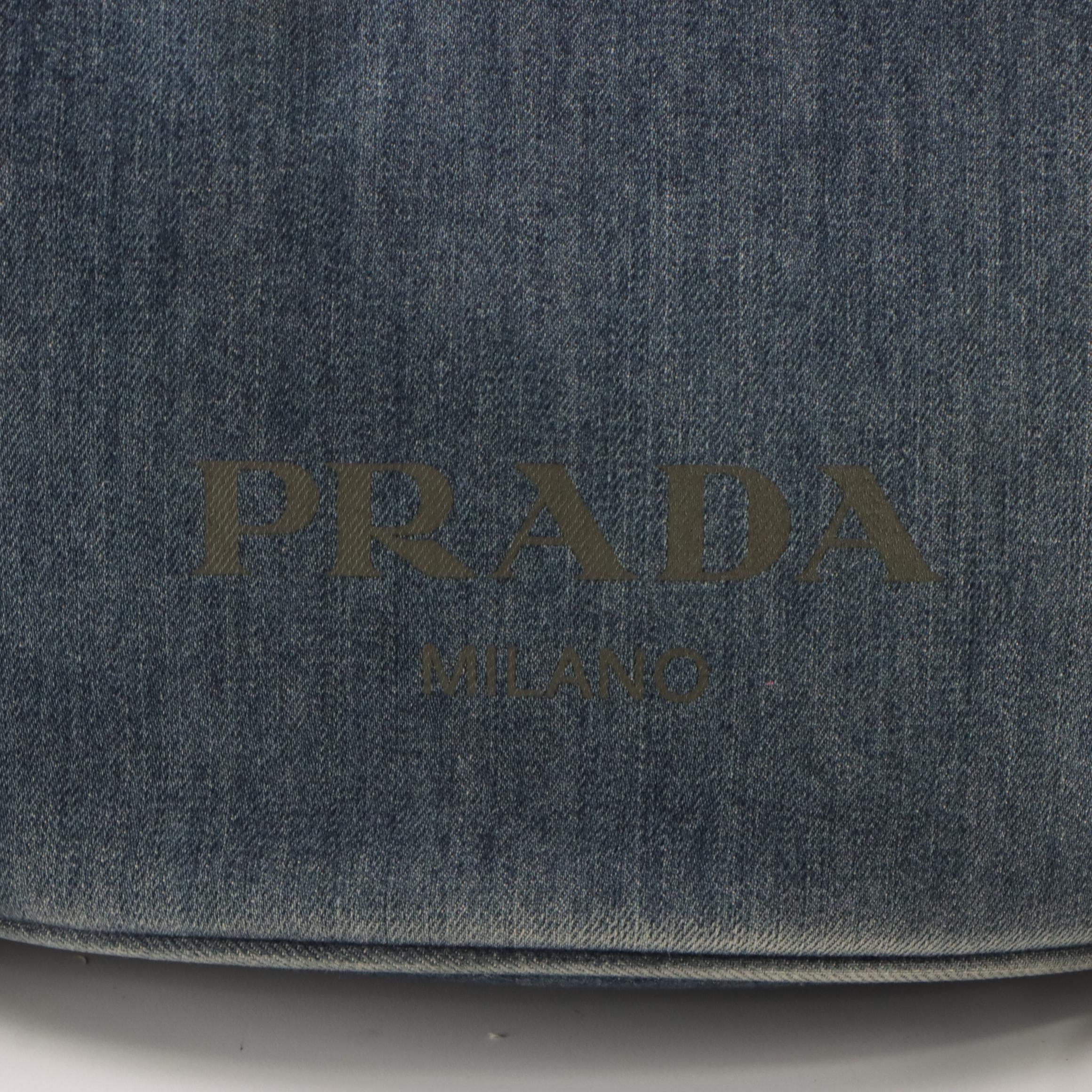 Prada Denim Tote with Olive Green Canvas Trim and Black Leather Straps