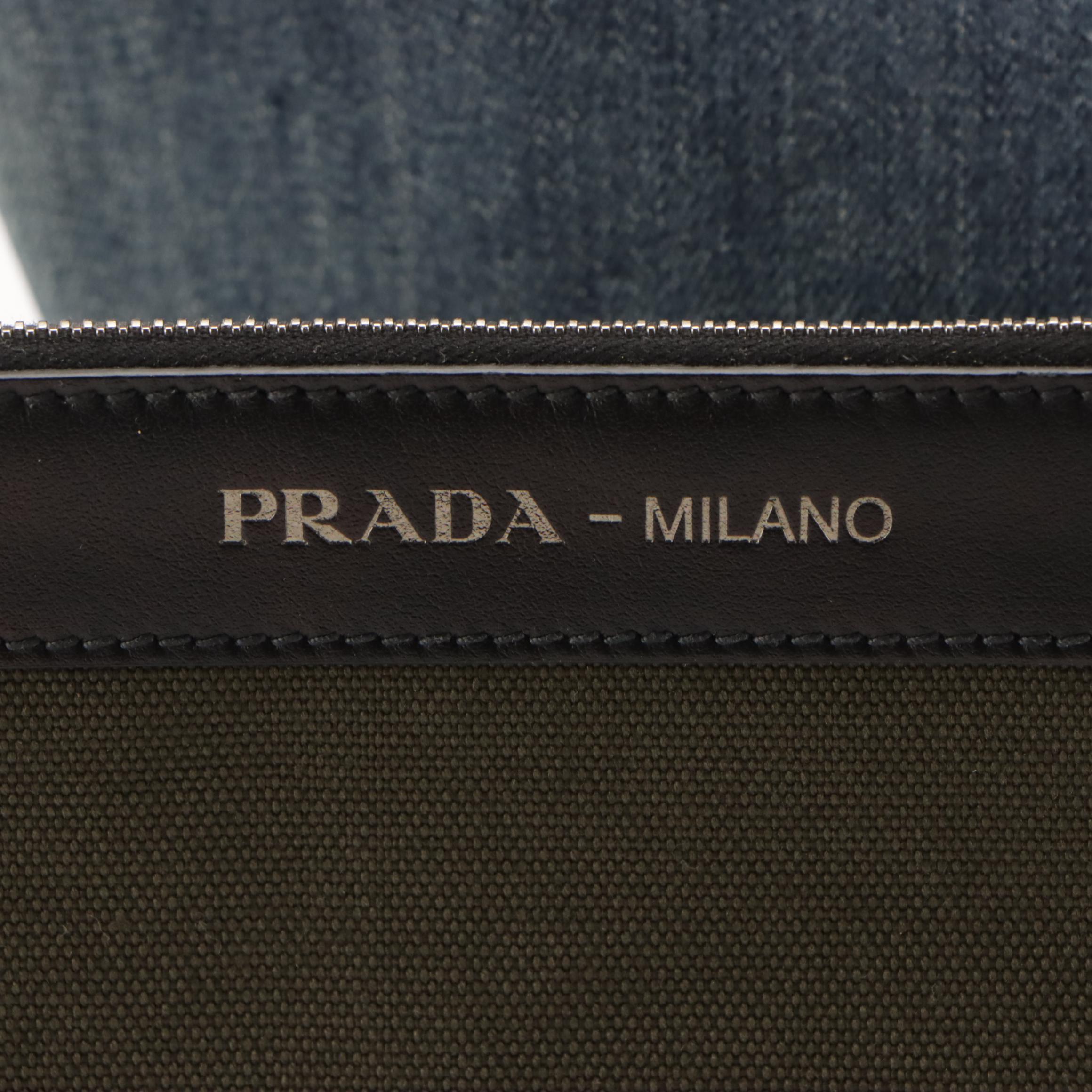 Prada Denim Tote with Olive Green Canvas Trim and Black Leather Straps
