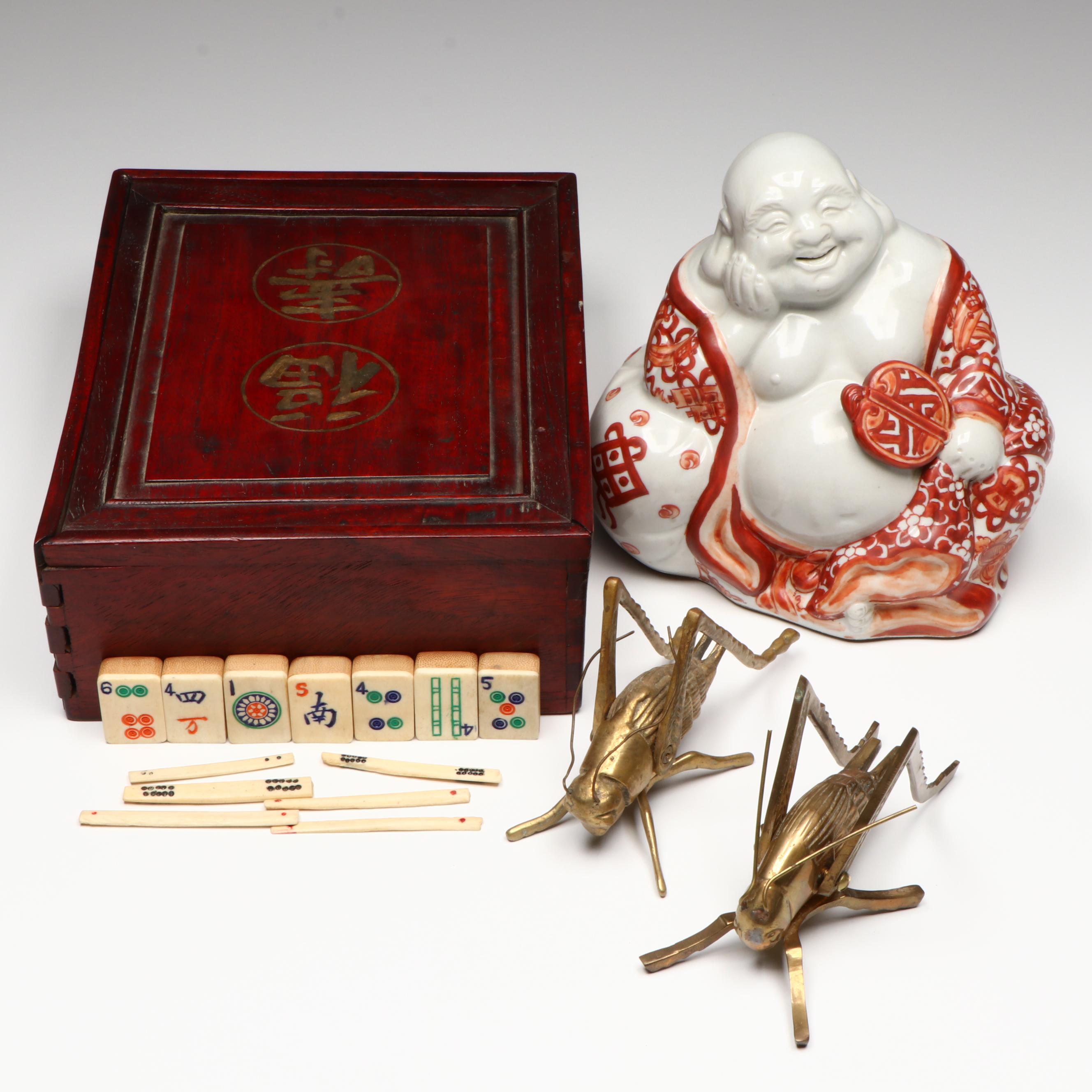 Chinese Mahjong Set with Brass Crickets and Japanese Porcelain Budai