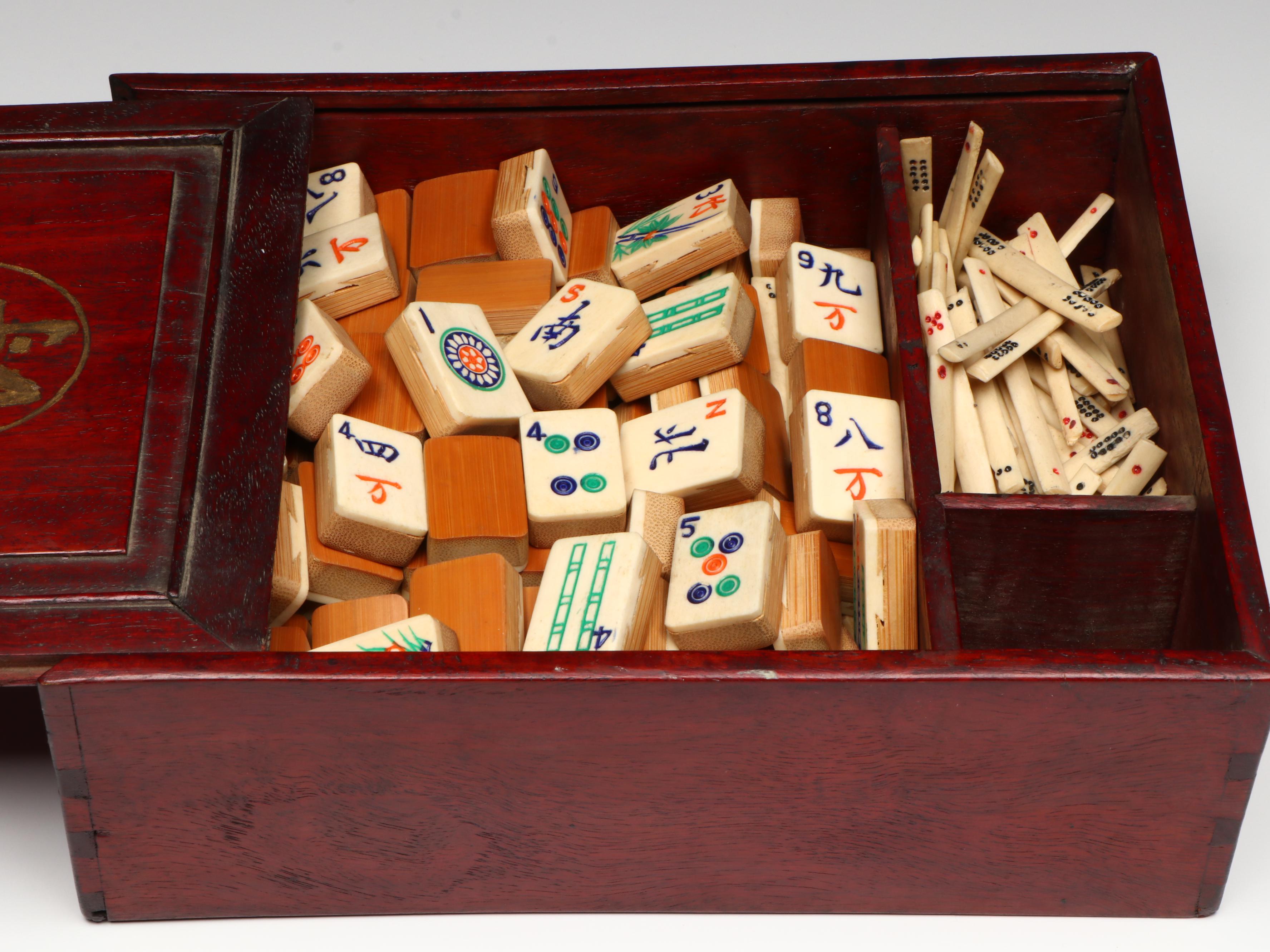 Chinese Mahjong Set with Brass Crickets and Japanese Porcelain Budai