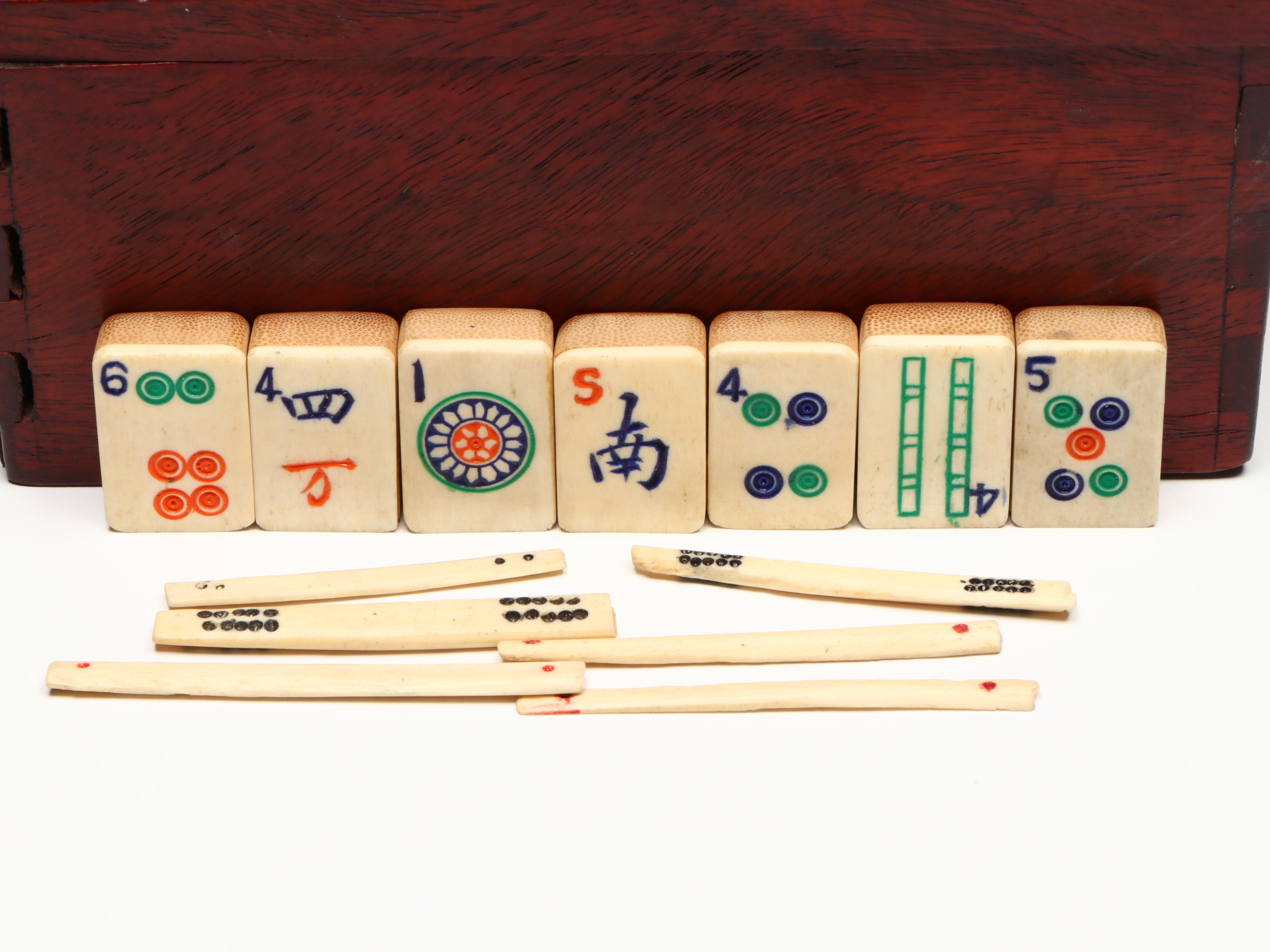 Chinese Mahjong Set with Brass Crickets and Japanese Porcelain Budai