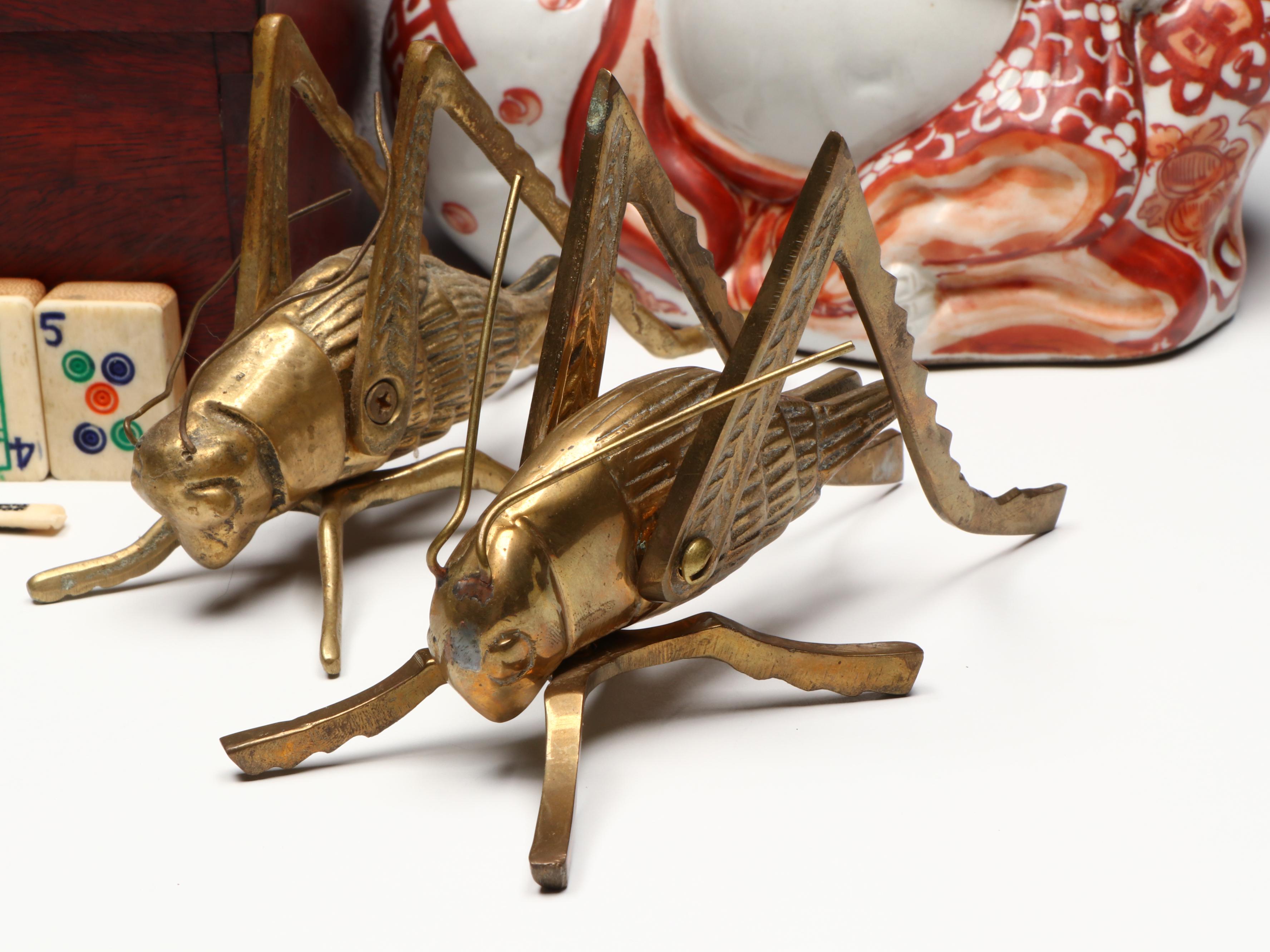 Chinese Mahjong Set with Brass Crickets and Japanese Porcelain Budai