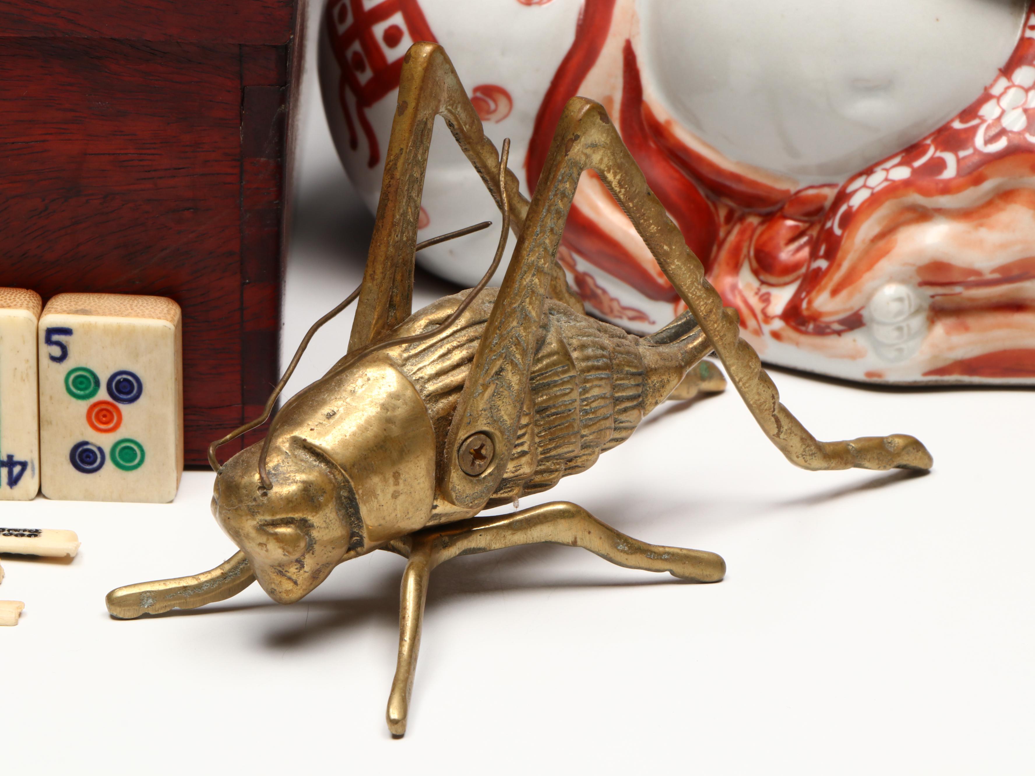 Chinese Mahjong Set with Brass Crickets and Japanese Porcelain Budai