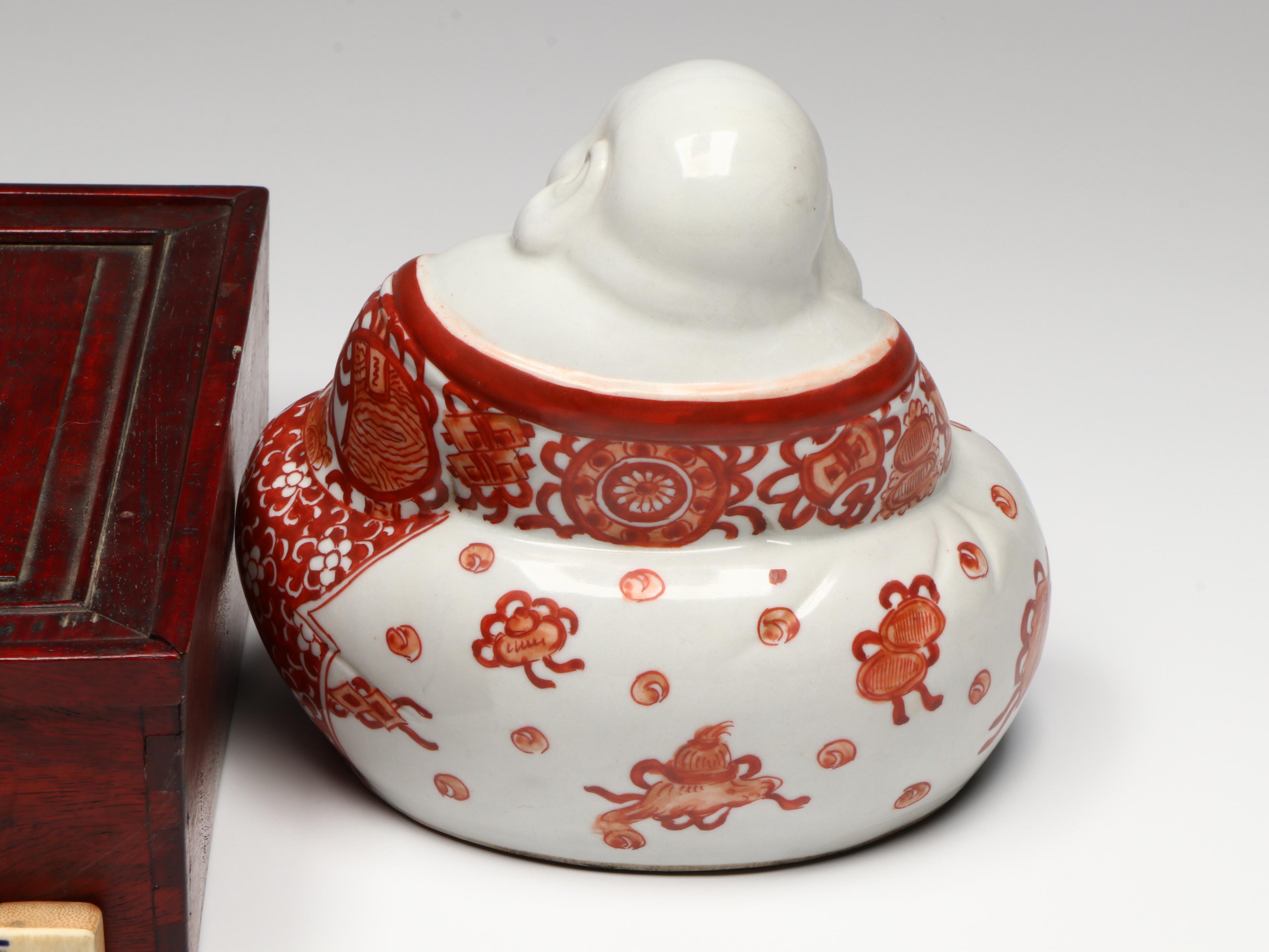 Chinese Mahjong Set with Brass Crickets and Japanese Porcelain Budai