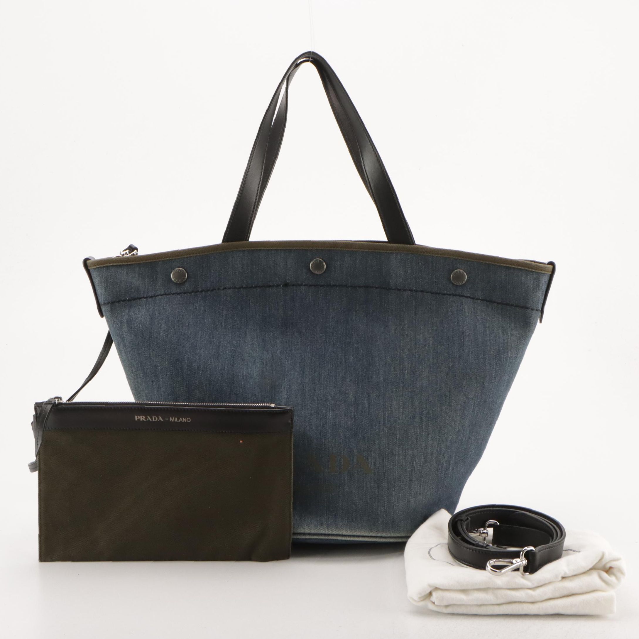 Prada Denim Tote with Olive Green Canvas Trim and Black Leather Straps