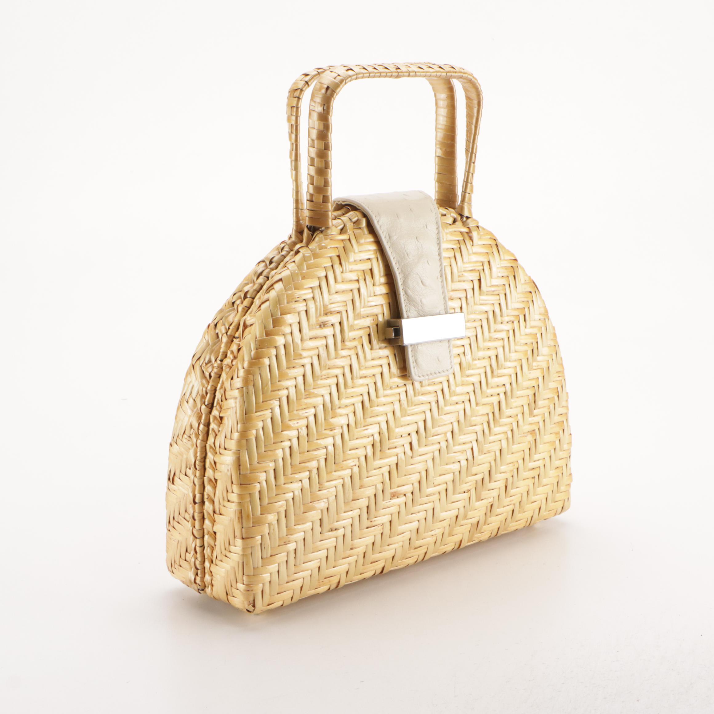 Capaf Hand Made Wicker and White Faux Ostrich Leather Top Handle Handbag
