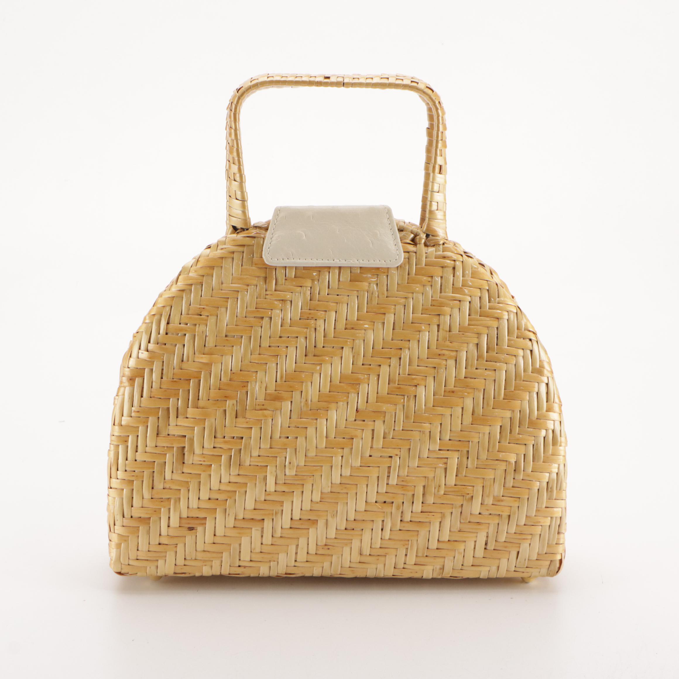 Capaf Hand Made Wicker and White Faux Ostrich Leather Top Handle Handbag