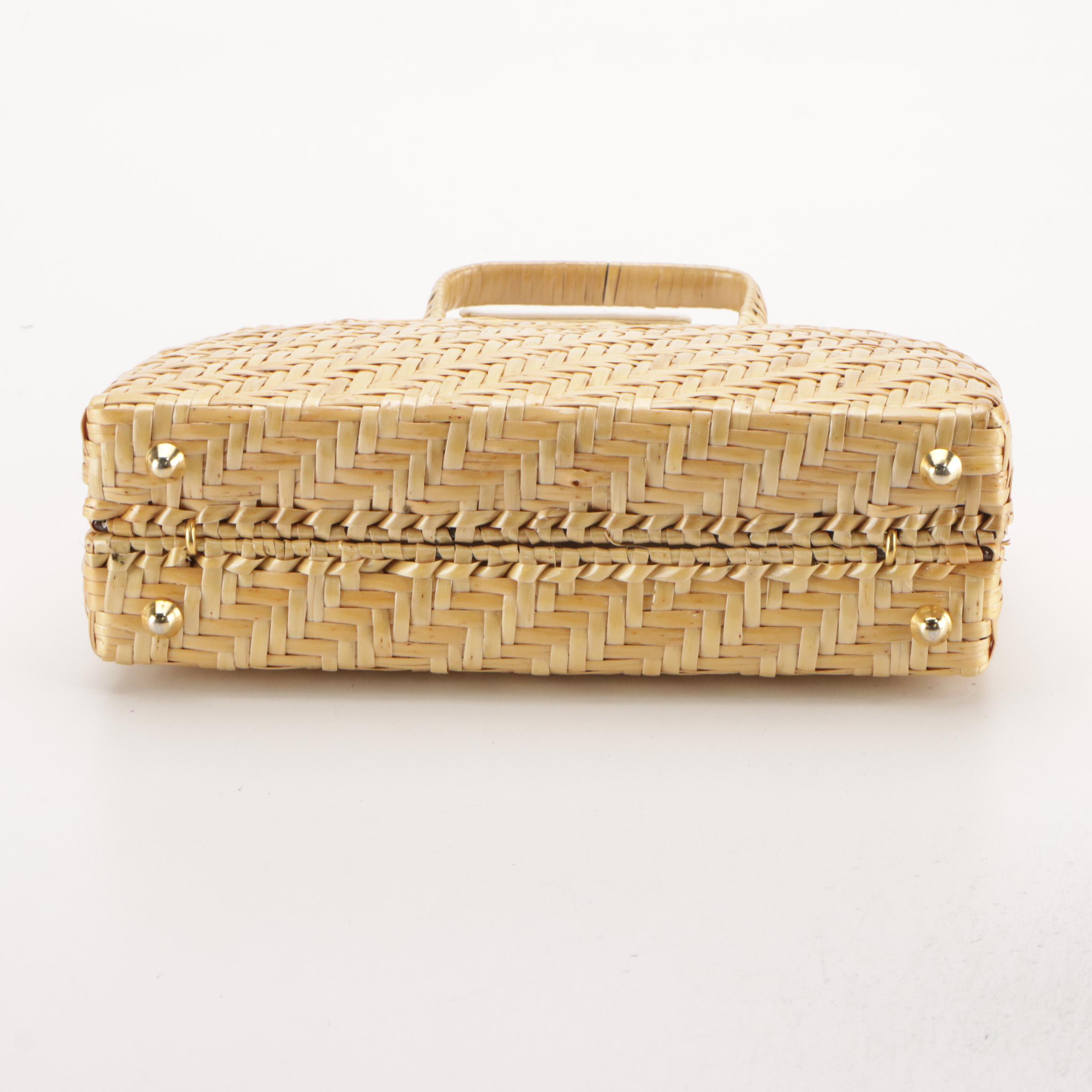 Capaf Hand Made Wicker and White Faux Ostrich Leather Top Handle Handbag