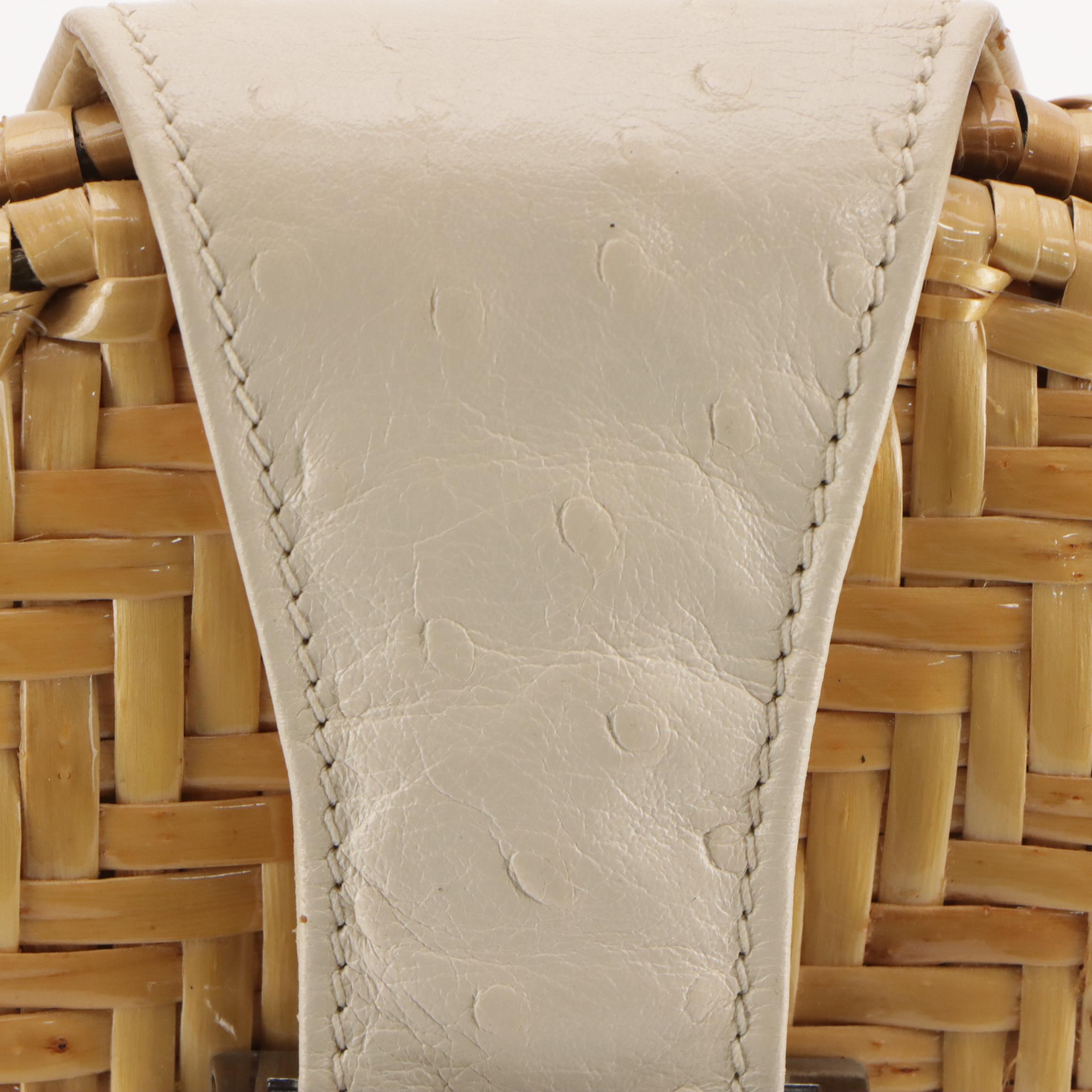 Capaf Hand Made Wicker and White Faux Ostrich Leather Top Handle Handbag