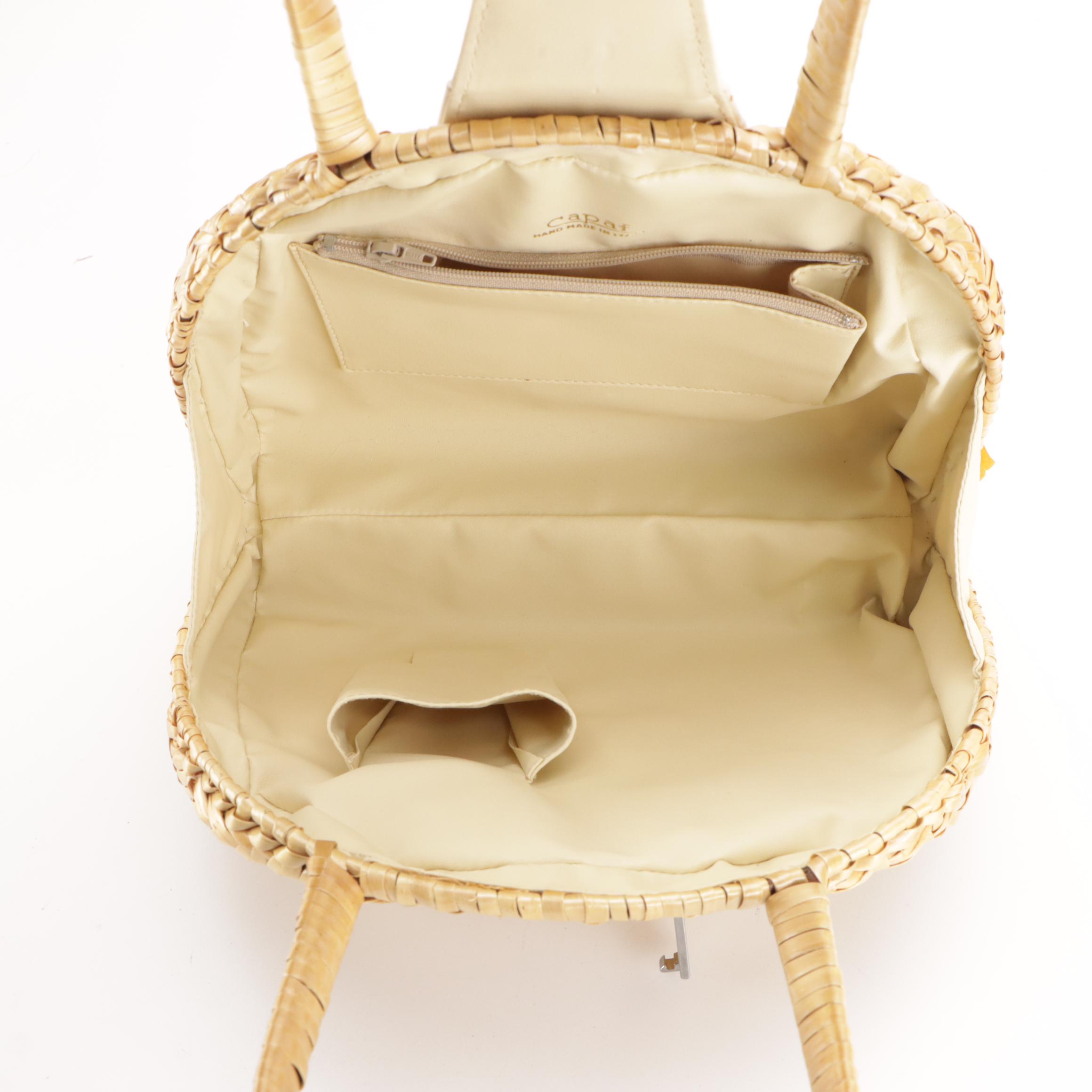 Capaf Hand Made Wicker and White Faux Ostrich Leather Top Handle Handbag