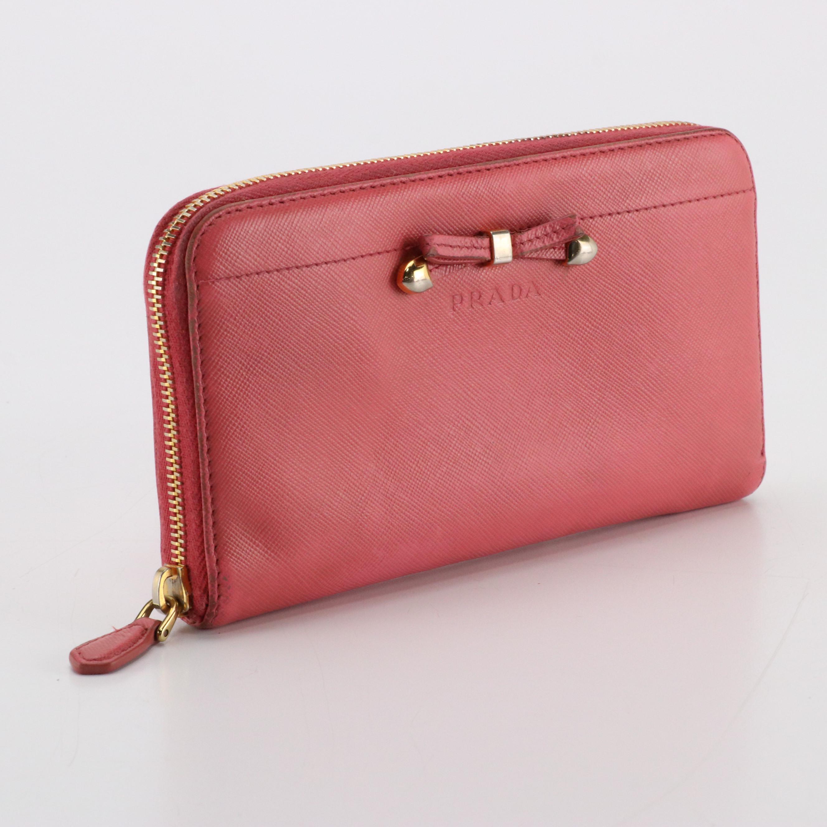 Prada Zip Around Bow Wallet in Blush Pink Saffiano Leather
