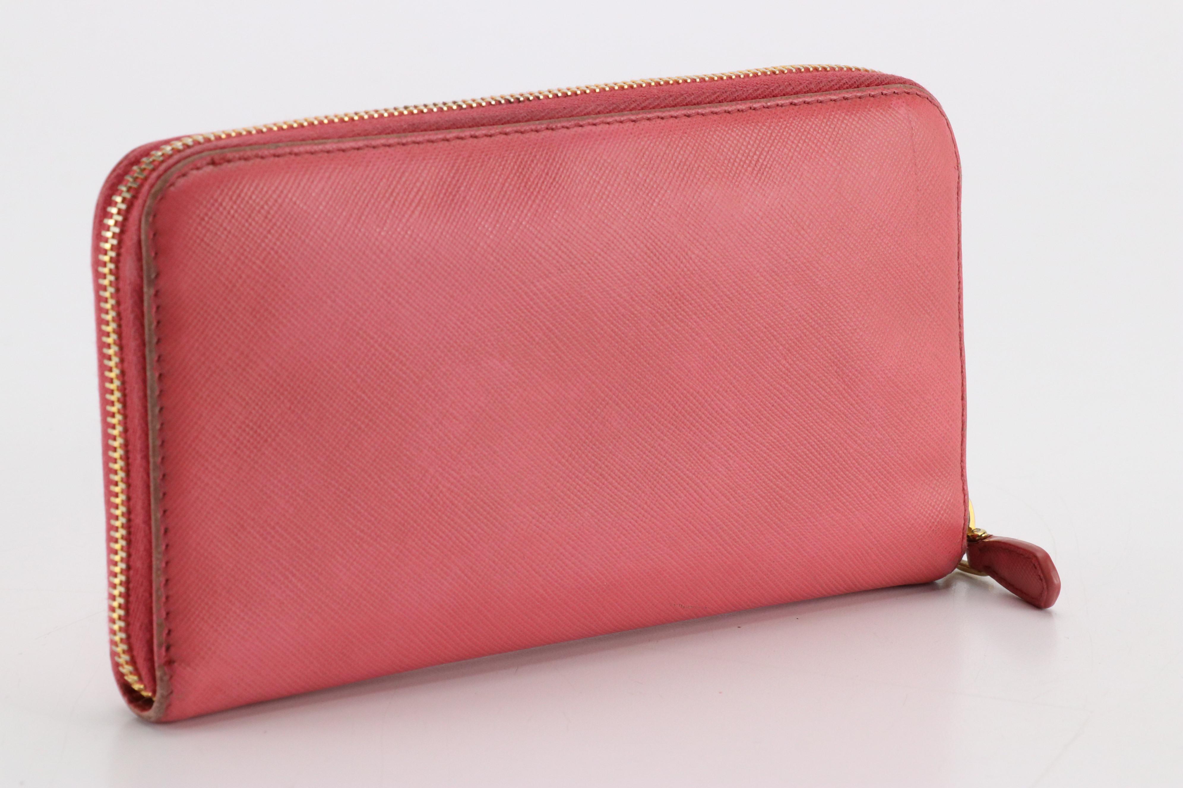 Prada Zip Around Bow Wallet in Blush Pink Saffiano Leather