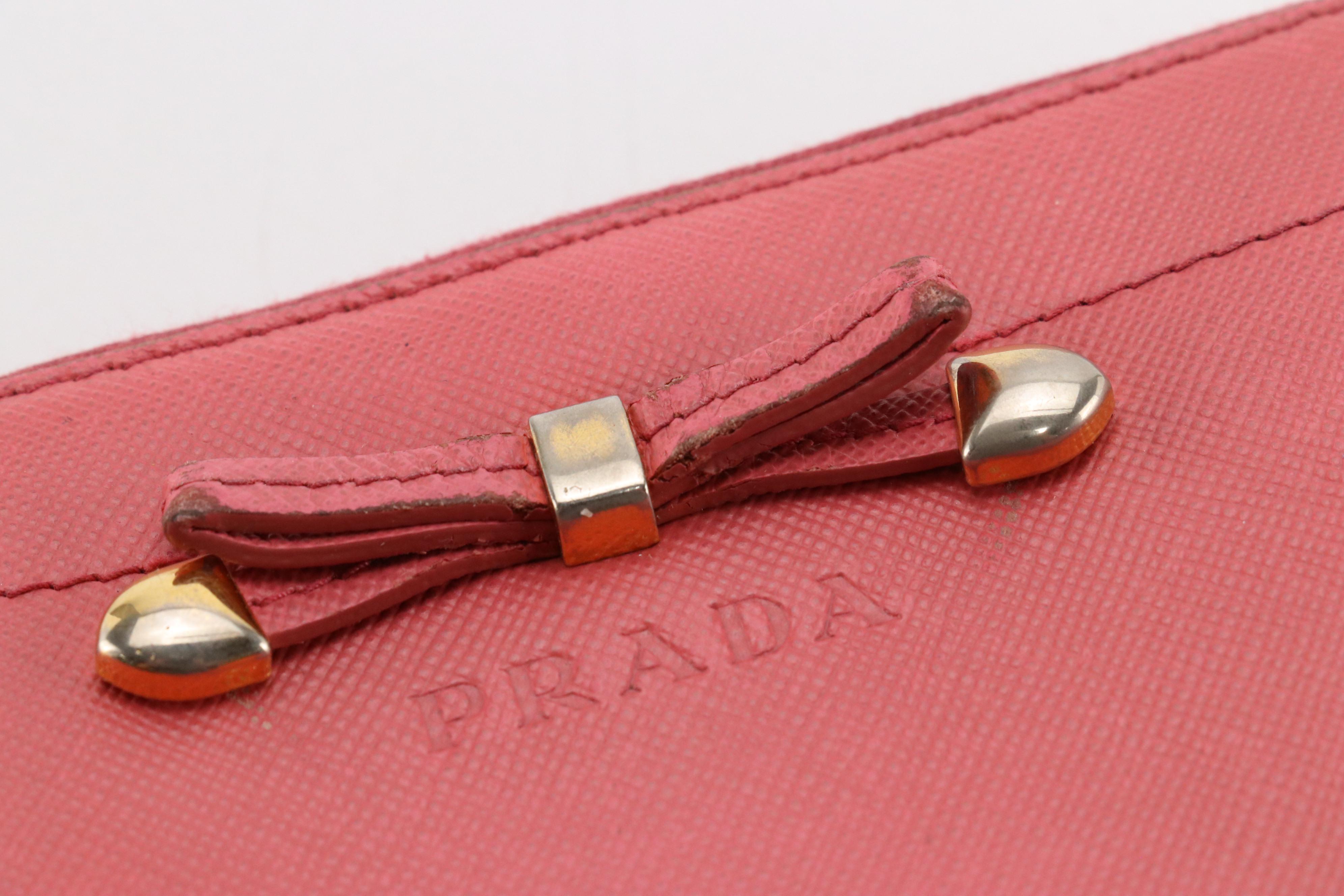Prada Zip Around Bow Wallet in Blush Pink Saffiano Leather