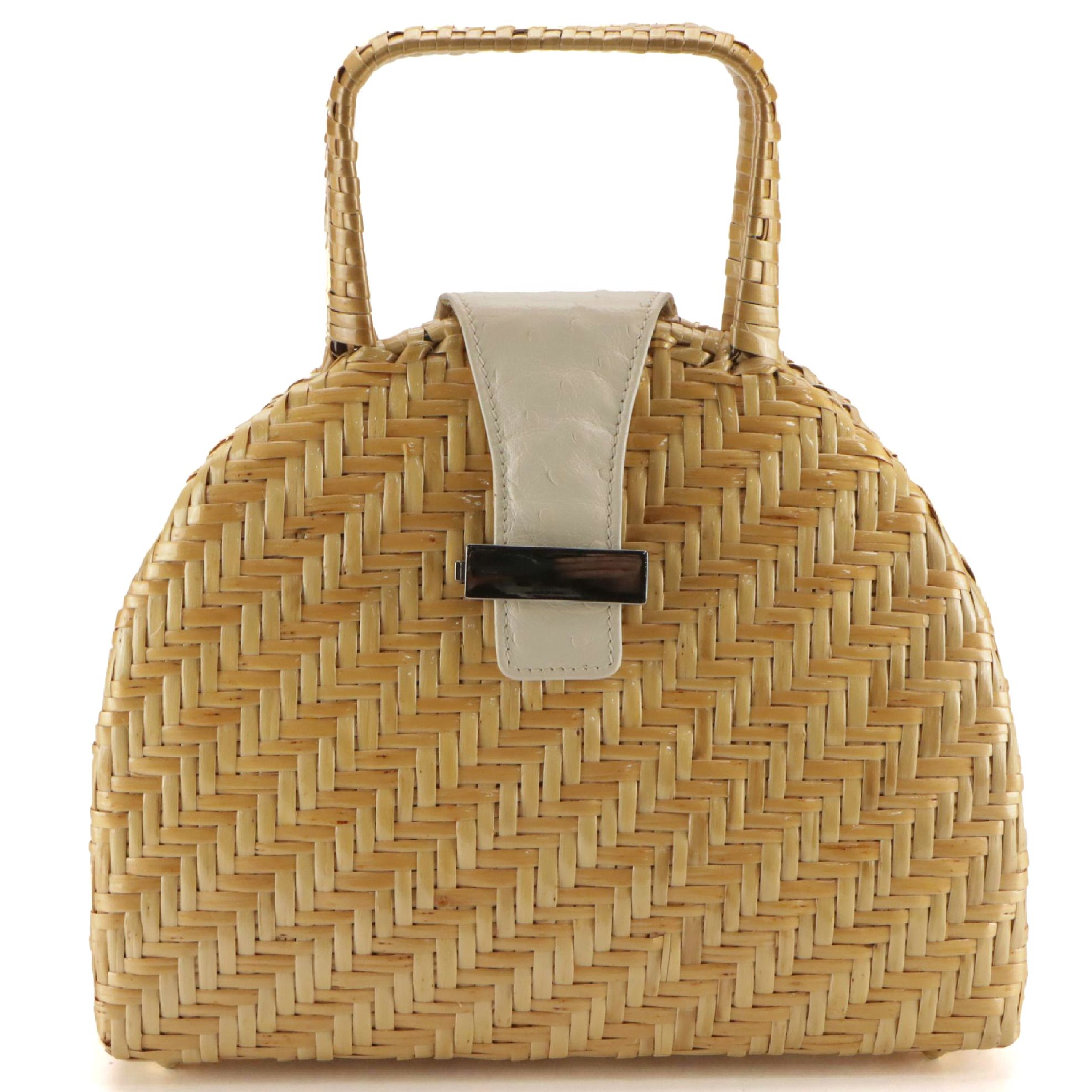 Capaf Hand Made Wicker and White Faux Ostrich Leather Top Handle Handbag