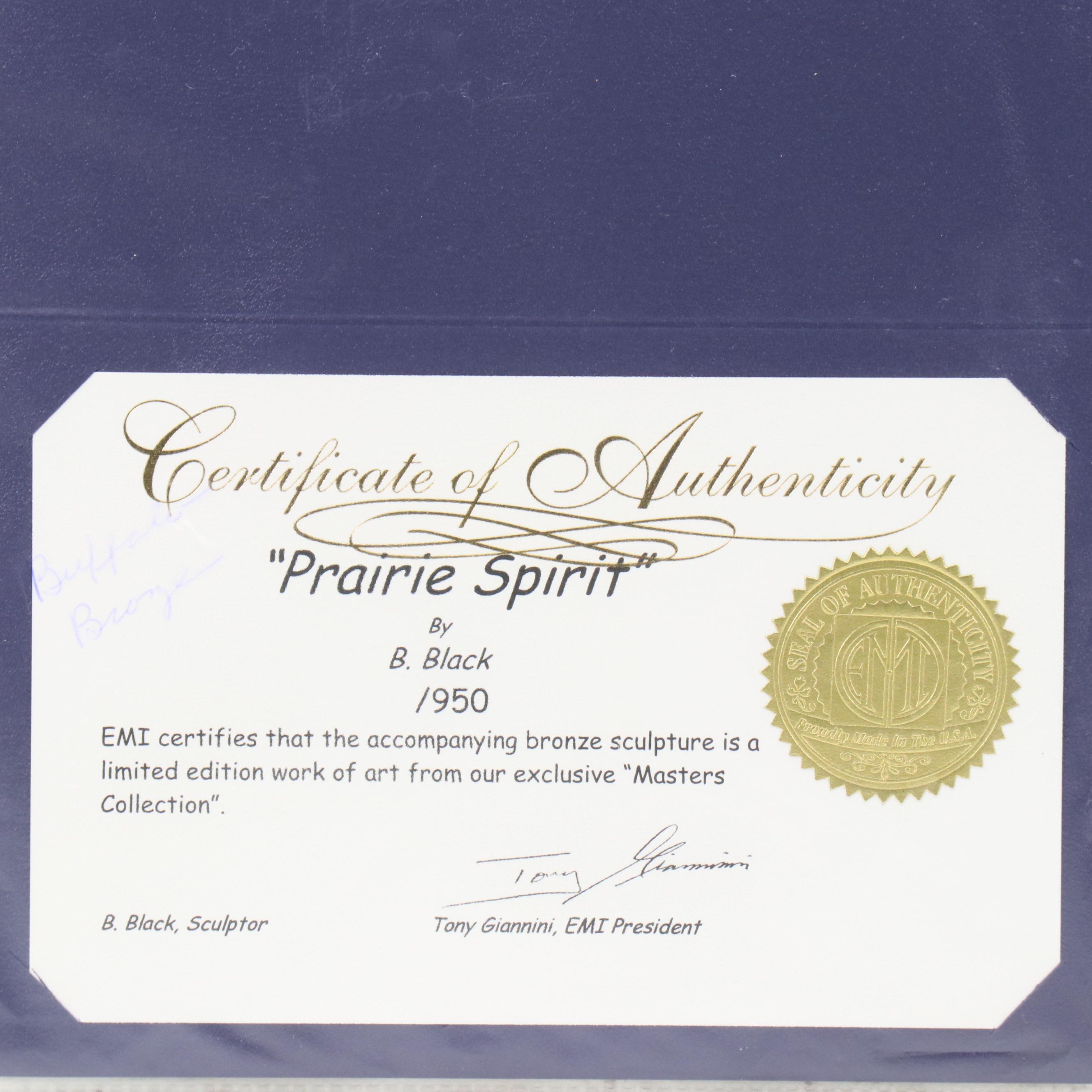 B. Black Bronze Sculpture on Stone Base "Prairie Spirit," 2000