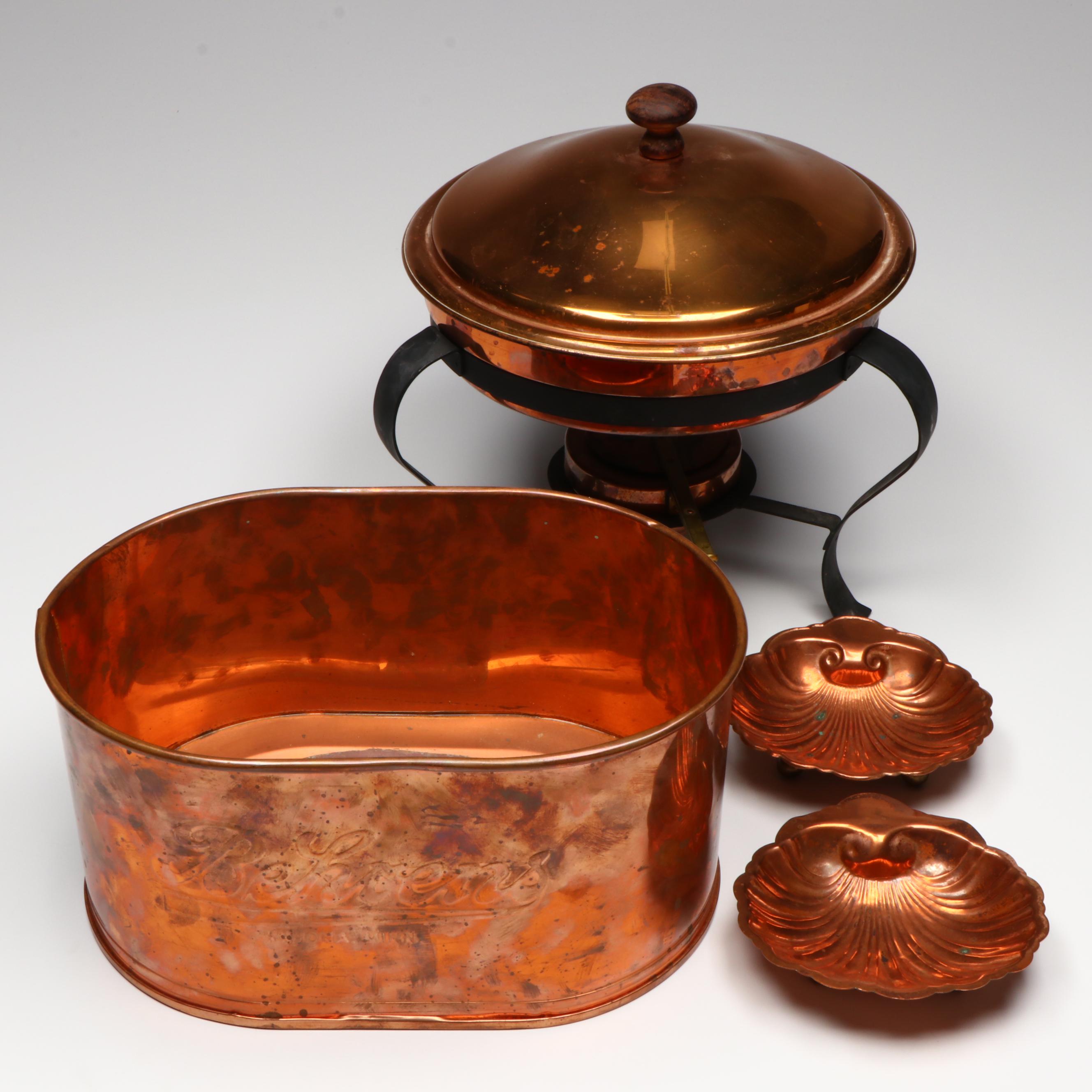 Vintage Copper and Brass Chafing Dish with Other Tableware and Décor