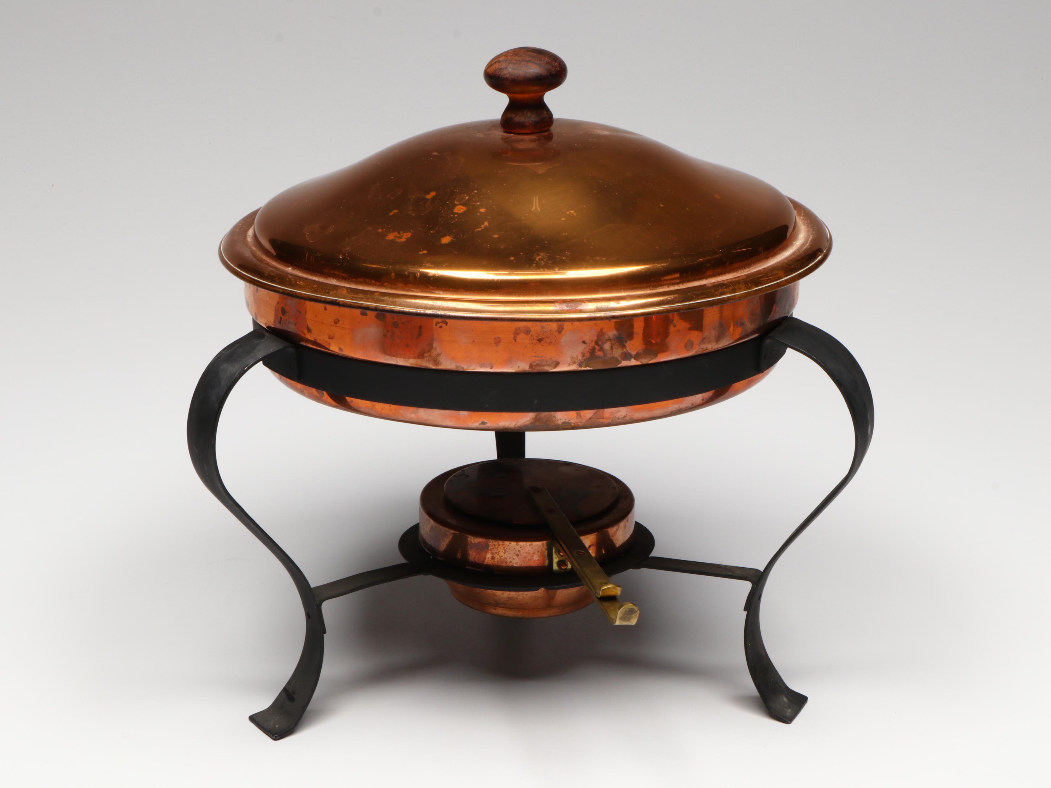 Vintage Copper and Brass Chafing Dish with Other Tableware and Décor
