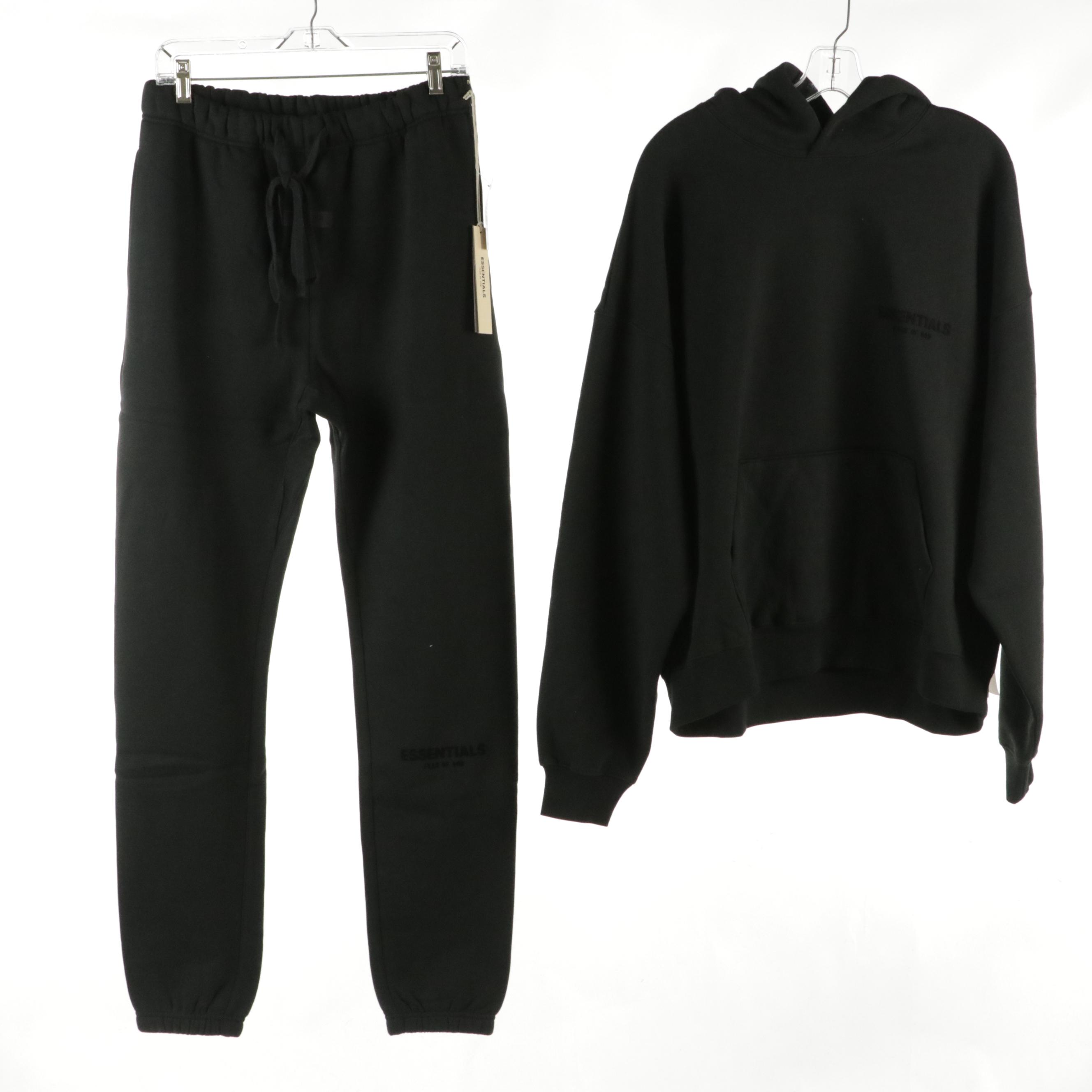 Men's Essentials Fear of God Classic Black Cotton Sweatsuit & Hoodie, With Tags