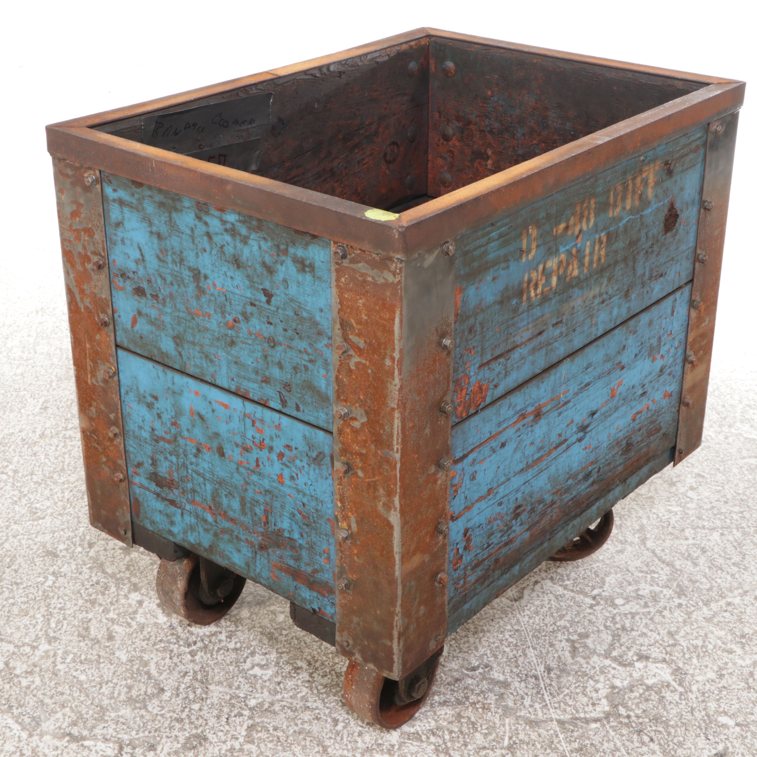 Vintage Industrial Wood and Metal Bin on Wheels, 20th Century