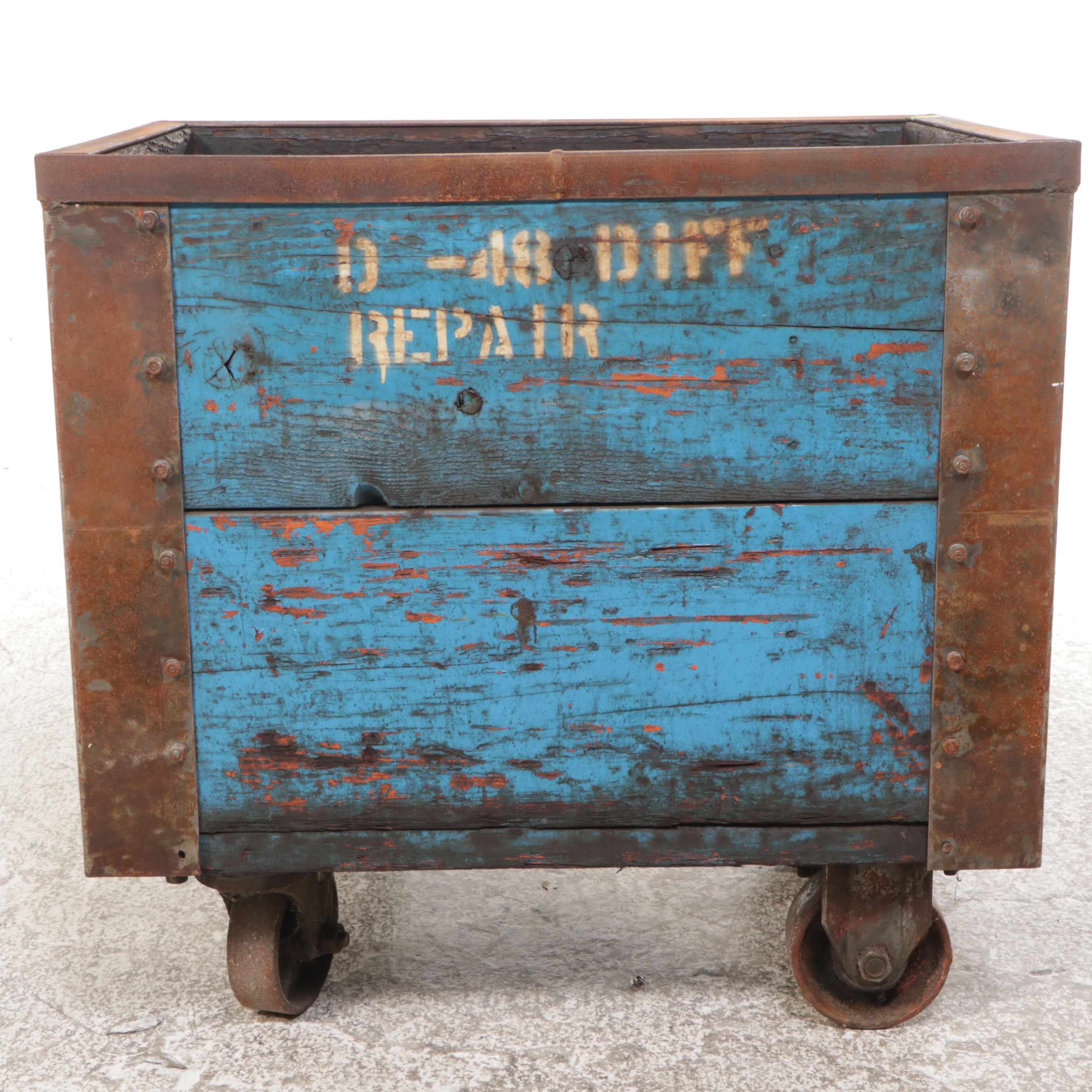 Vintage Industrial Wood and Metal Bin on Wheels, 20th Century