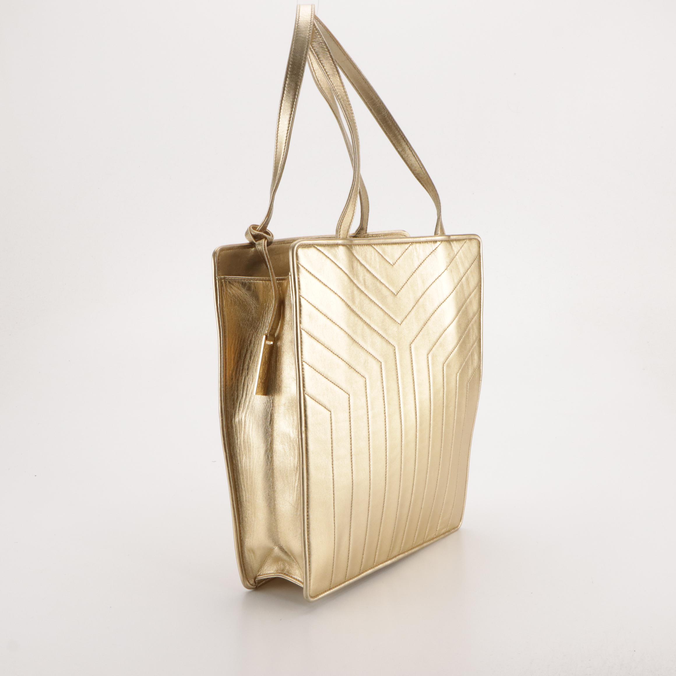 Yves Saint Laurent Y Shoulder Tote in Quilted Gold Metallic Leather