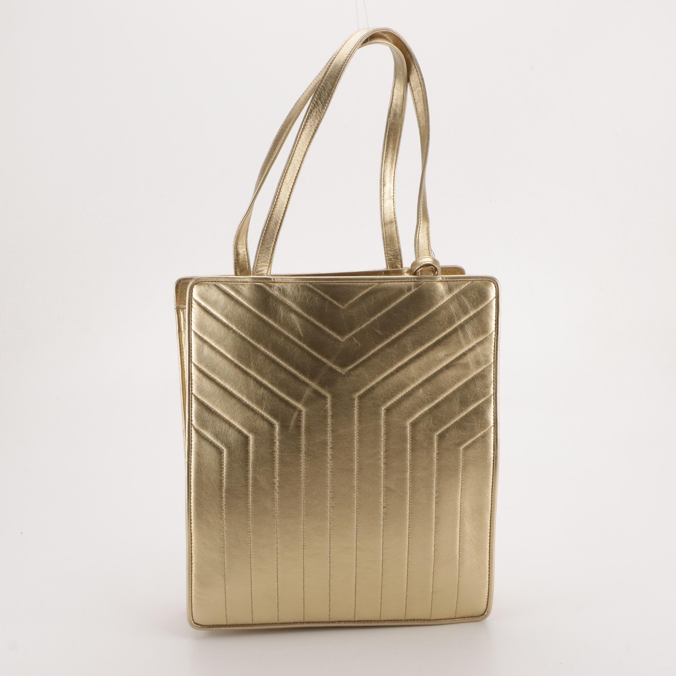 Yves Saint Laurent Y Shoulder Tote in Quilted Gold Metallic Leather