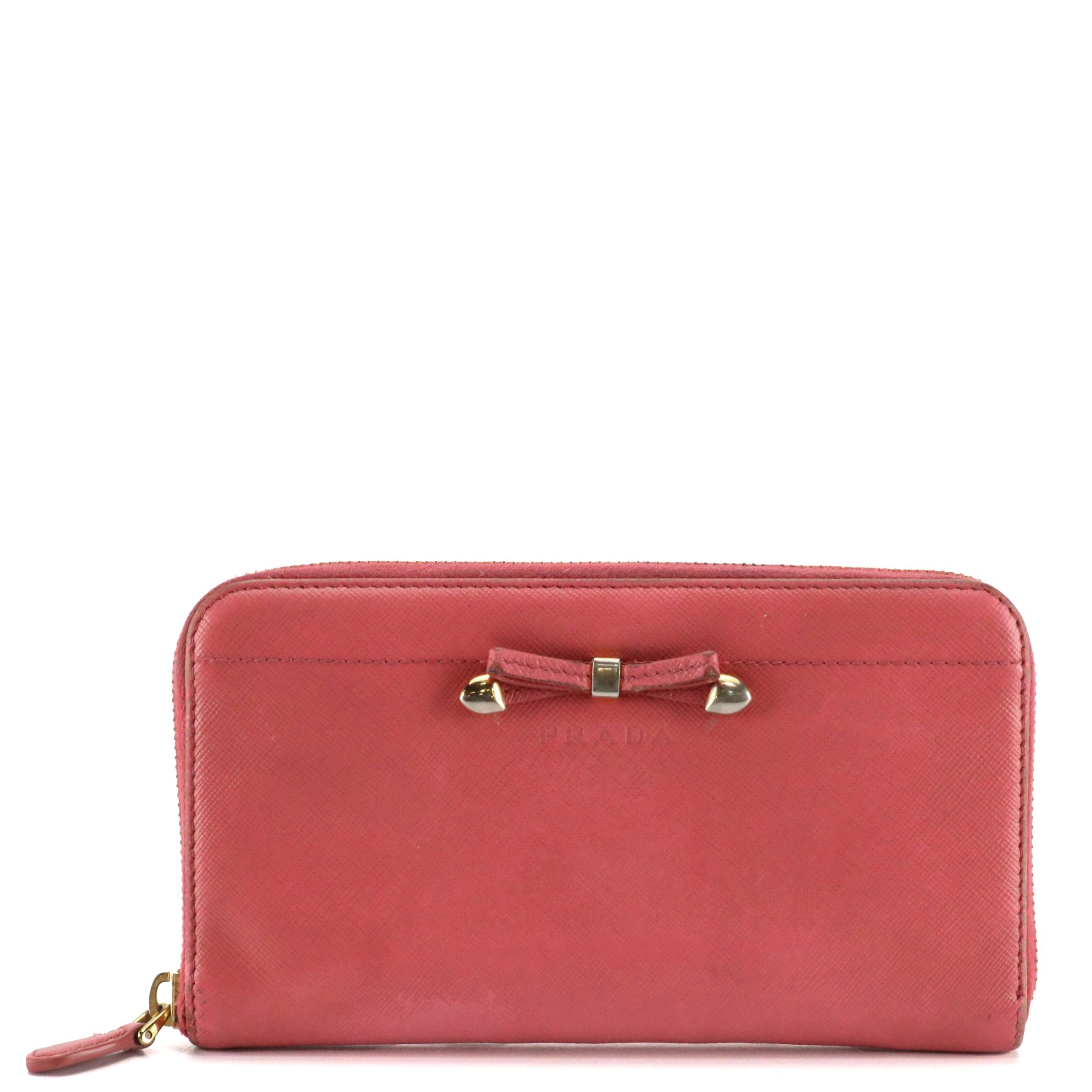 Prada Zip Around Bow Wallet in Blush Pink Saffiano Leather