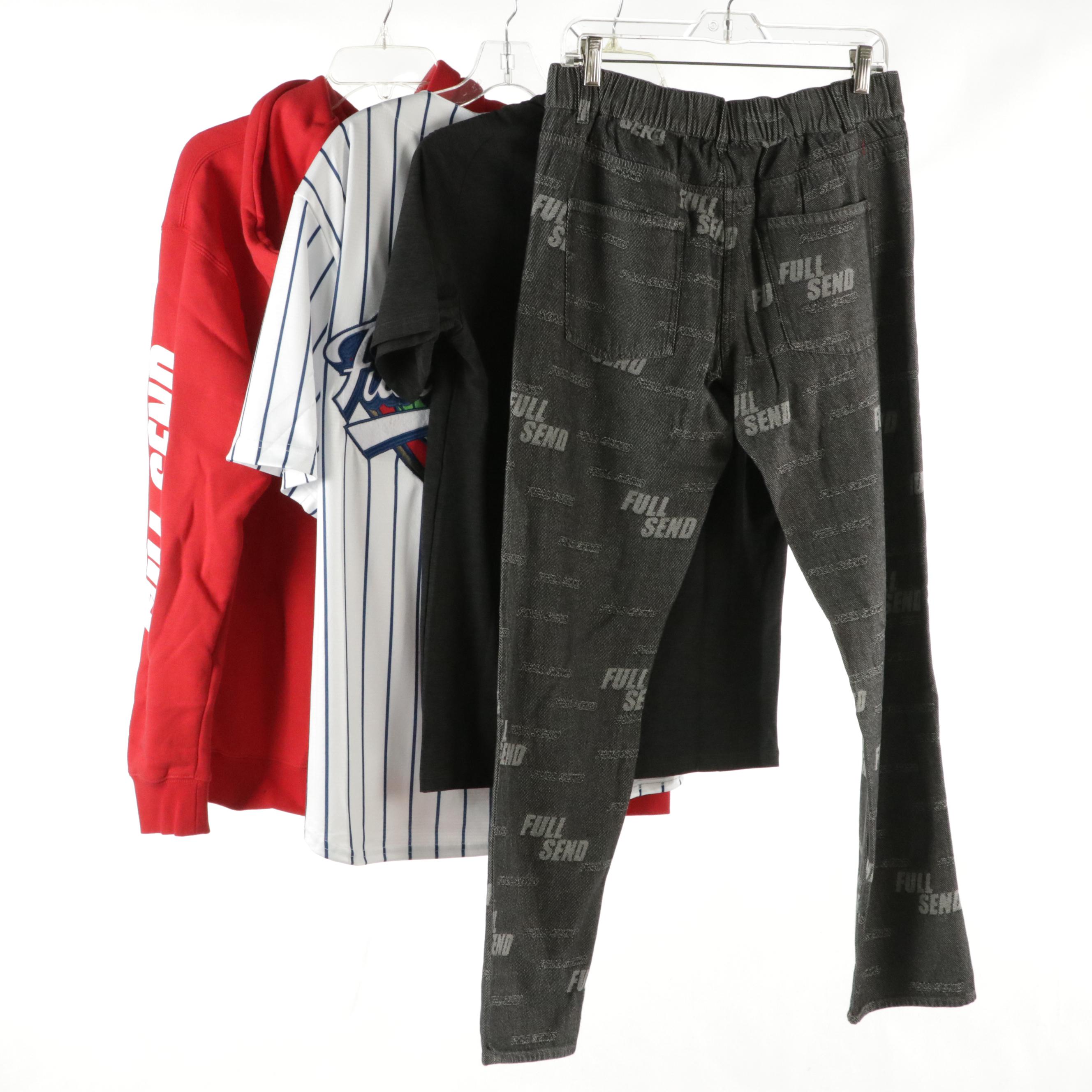 Men's Full Send Red Cotton Logo Hoodie, Baseball Jersey, T-Shirt and Jeans