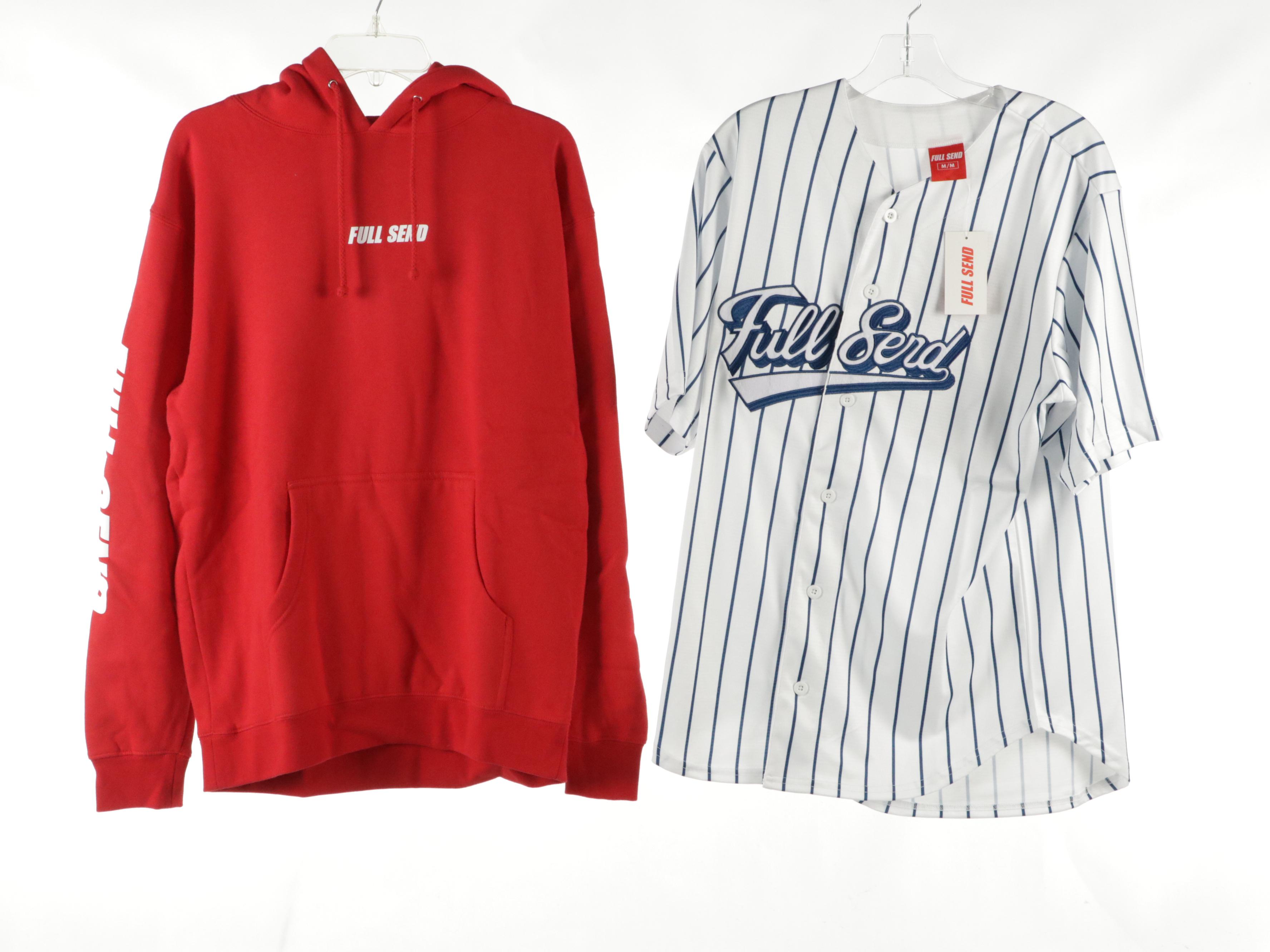 Men's Full Send Red Cotton Logo Hoodie, Baseball Jersey, T-Shirt and Jeans