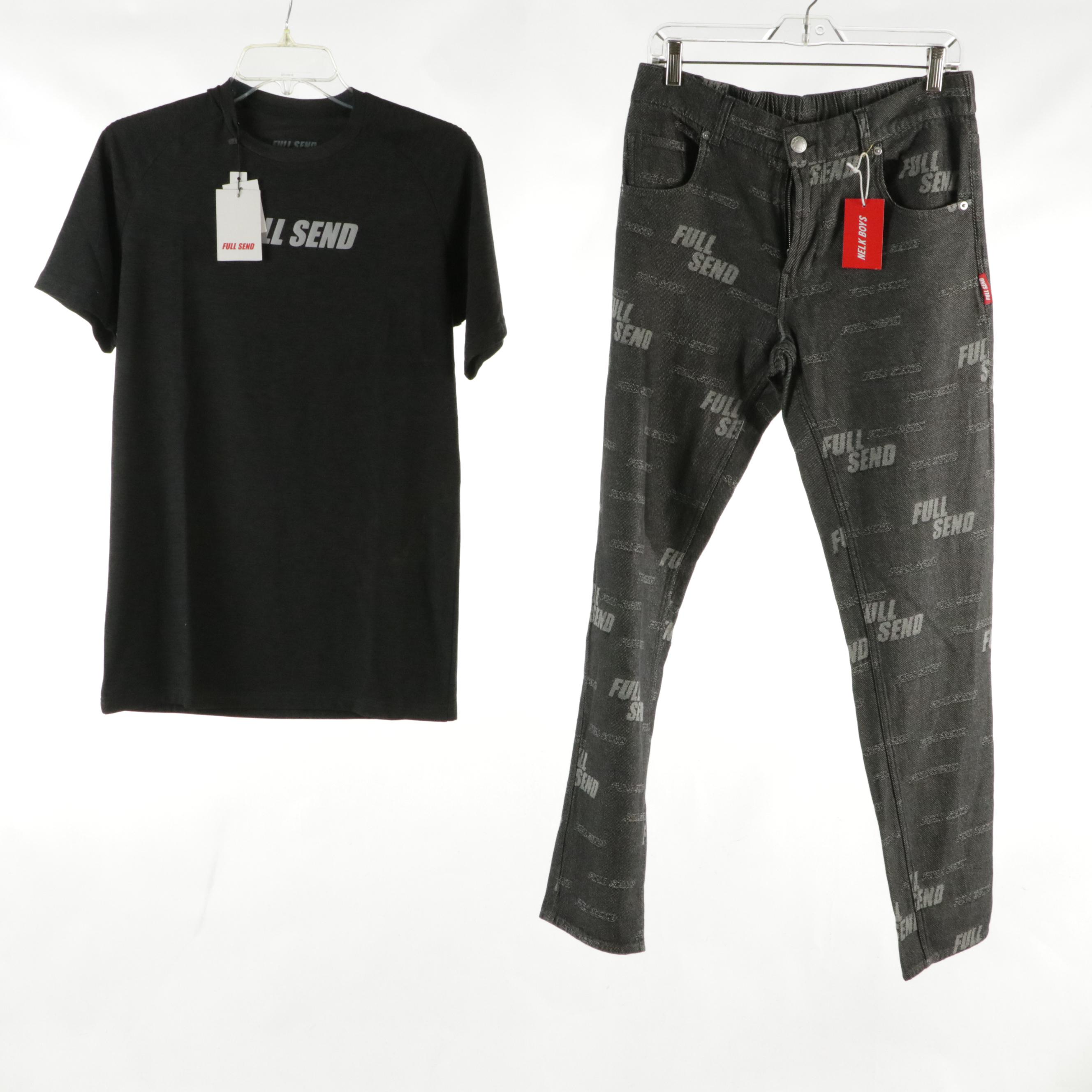 Men's Full Send Red Cotton Logo Hoodie, Baseball Jersey, T-Shirt and Jeans