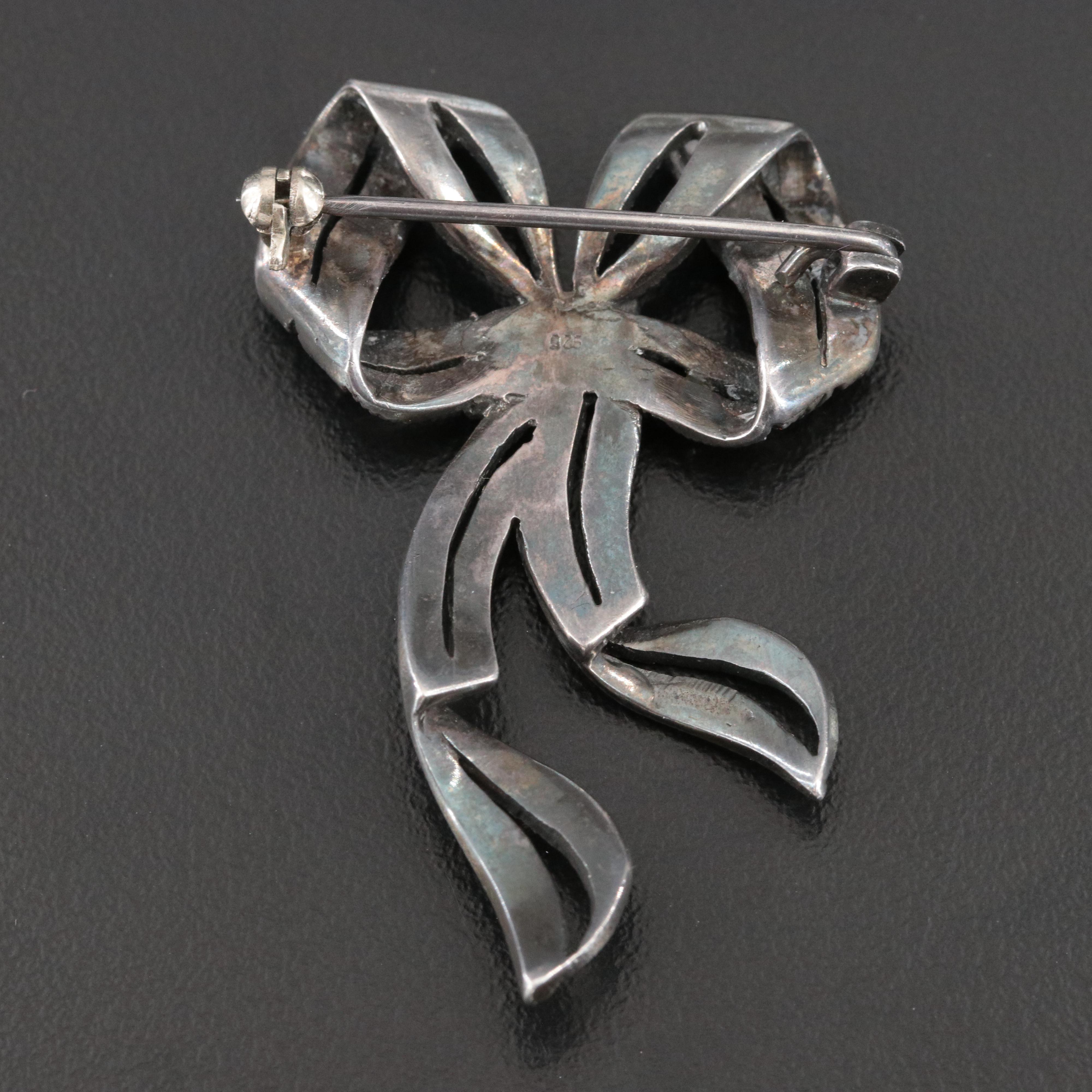 Sterling Marcasite Ribbon Brooch