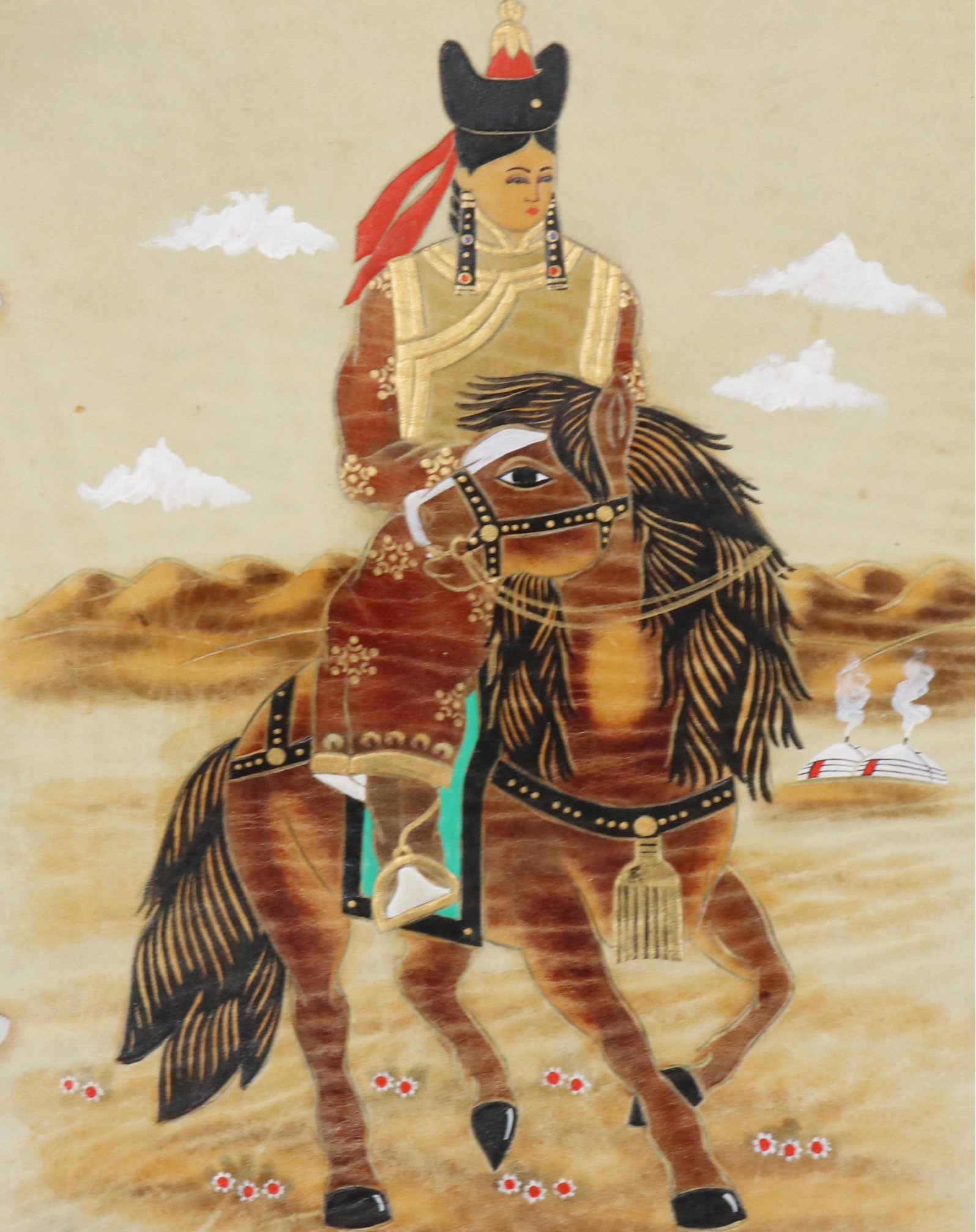 Hand-Painted Embossed Leather Wall Hanging of Figure on Horseback