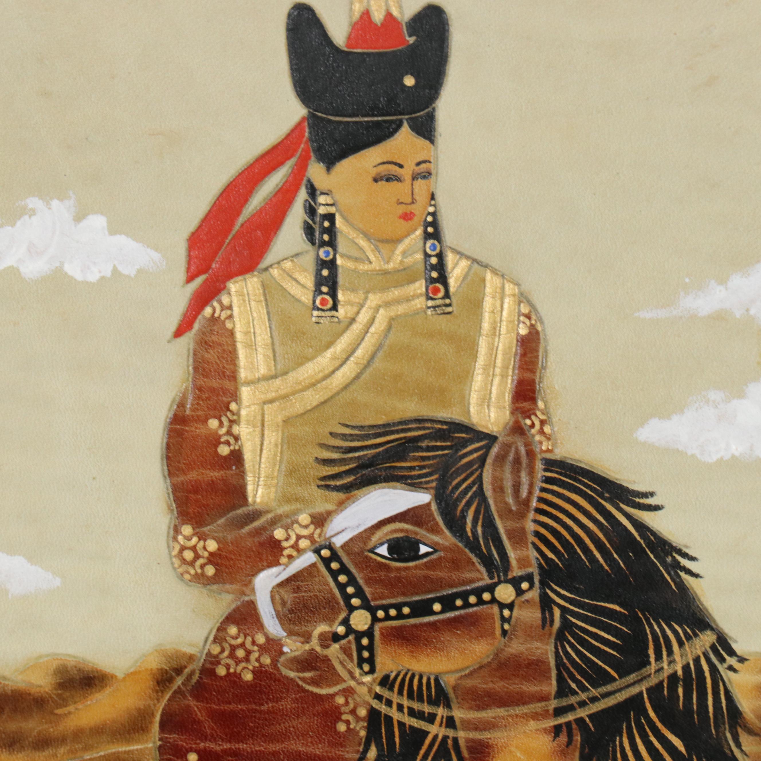 Hand-Painted Embossed Leather Wall Hanging of Figure on Horseback