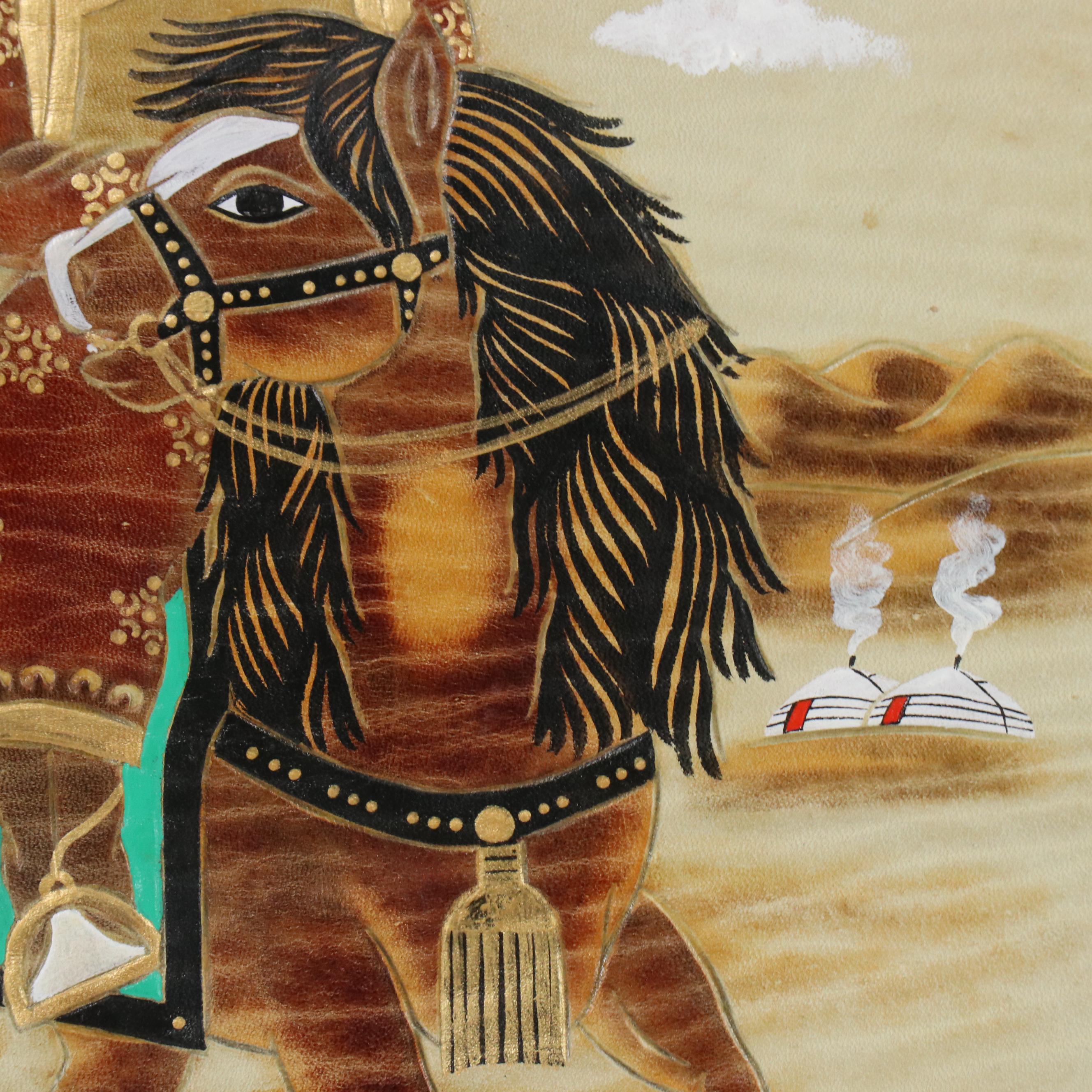 Hand-Painted Embossed Leather Wall Hanging of Figure on Horseback